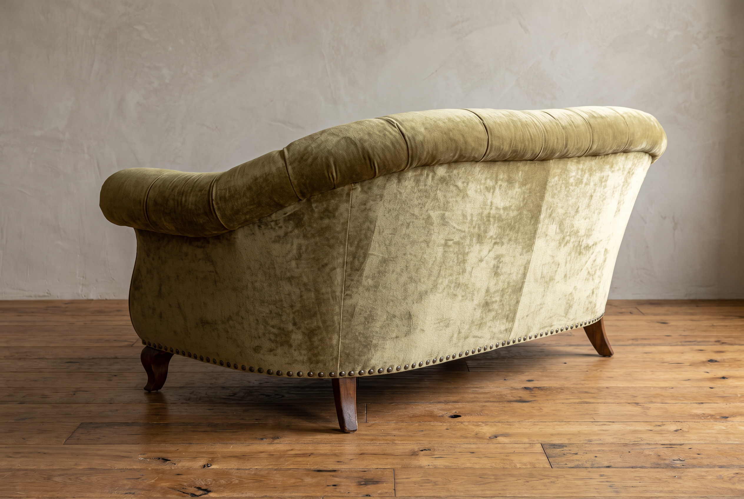 Finished rounded back of the olive velvet sofa with brass nailheads