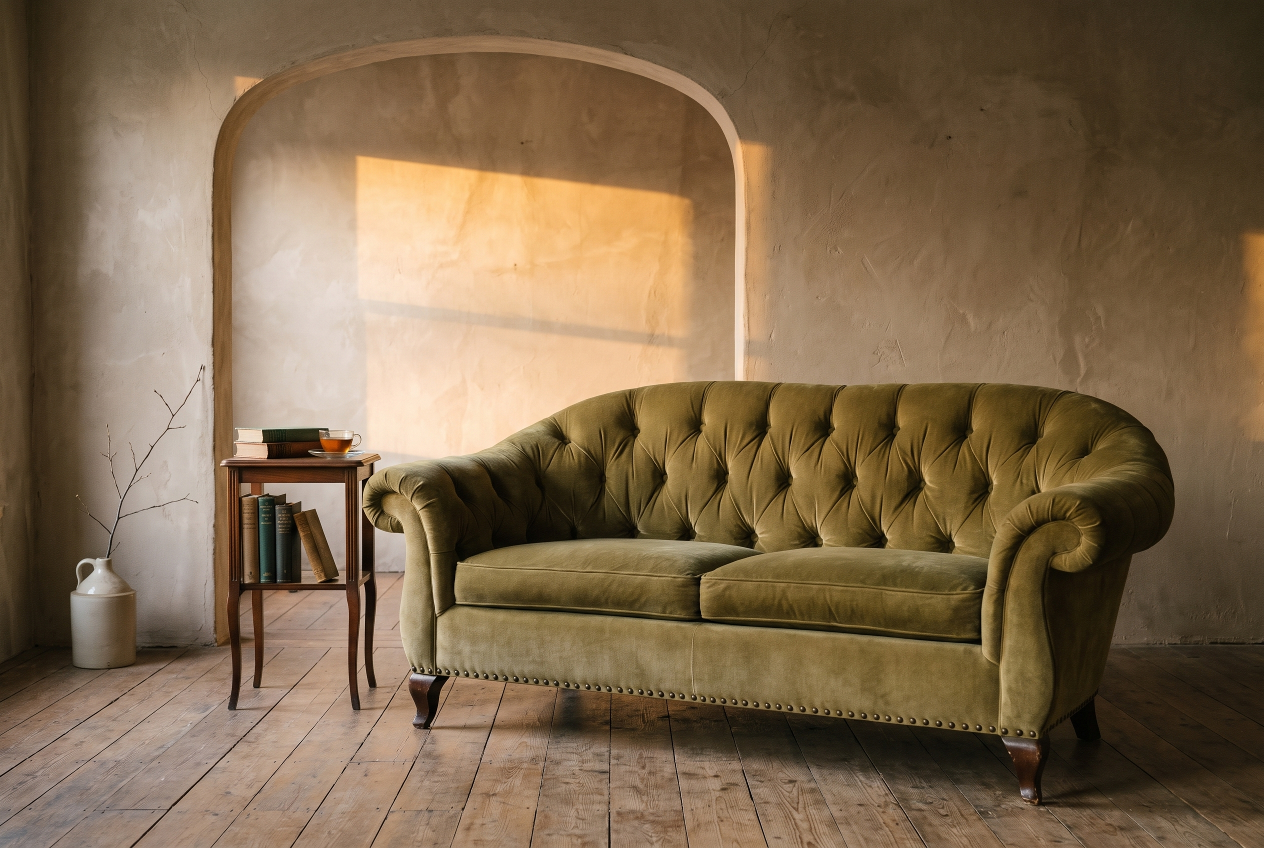 Olive velvet tufted sofa in a plaster salon with amber light through an arch, a side table with books and tea