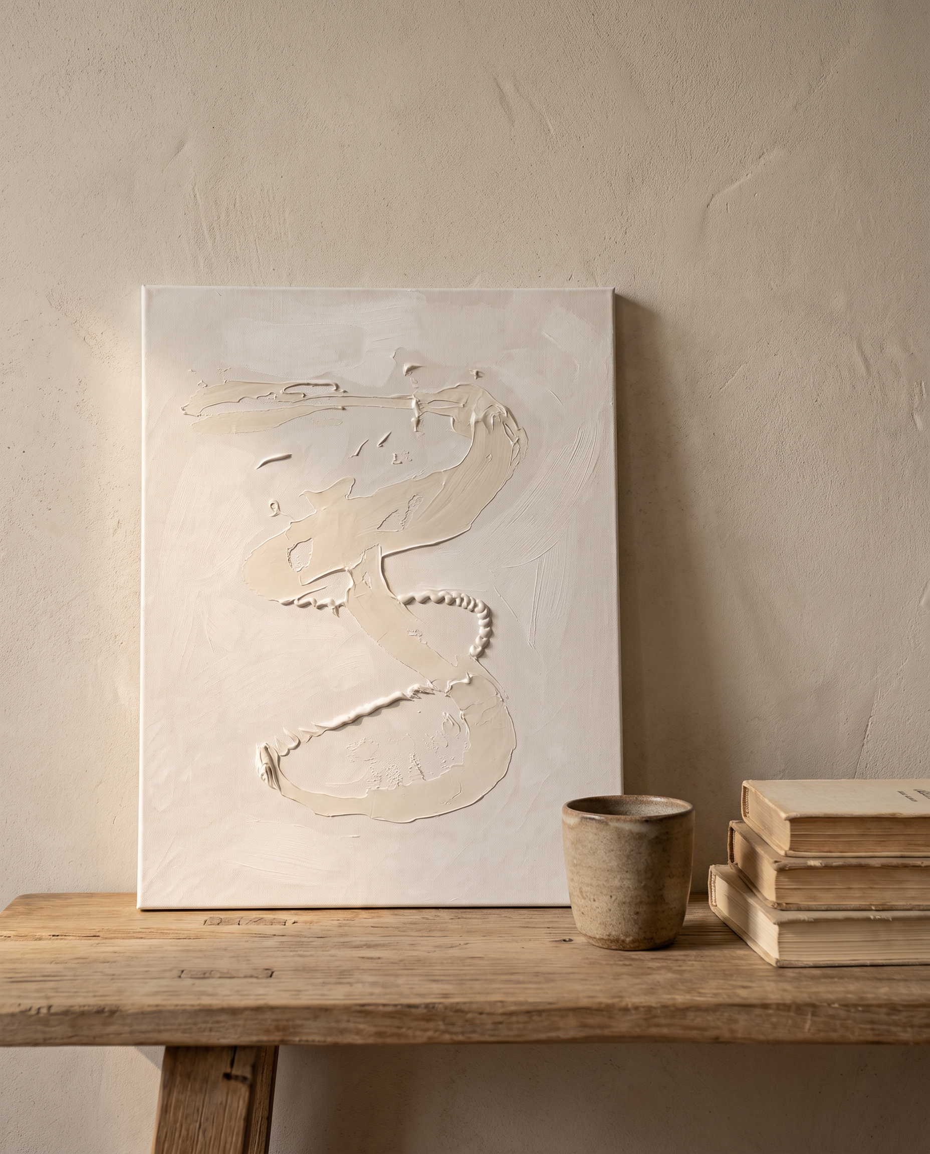 White on White, acrylic on canvas by Leah Mendelson, leaning on an oak console