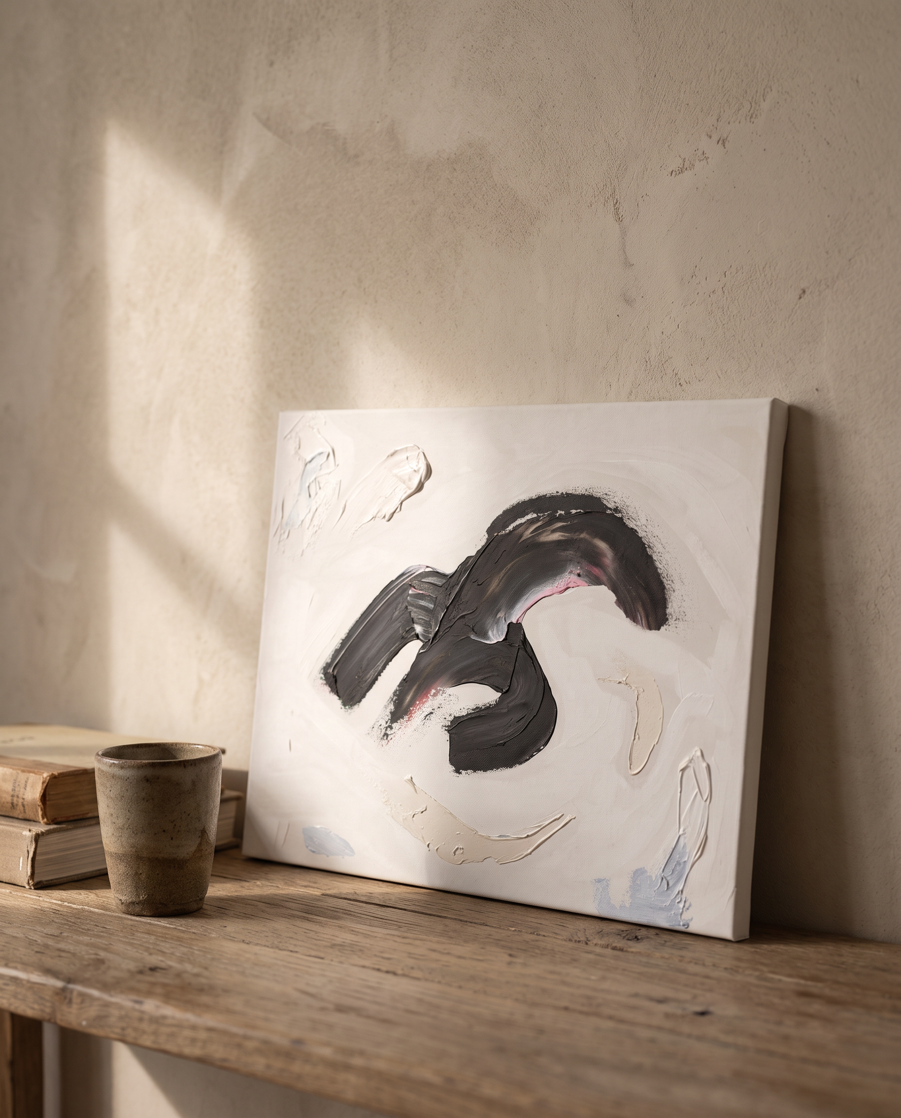 The Dark Sweep, acrylic on canvas by Leah Mendelson, leaning on an oak console