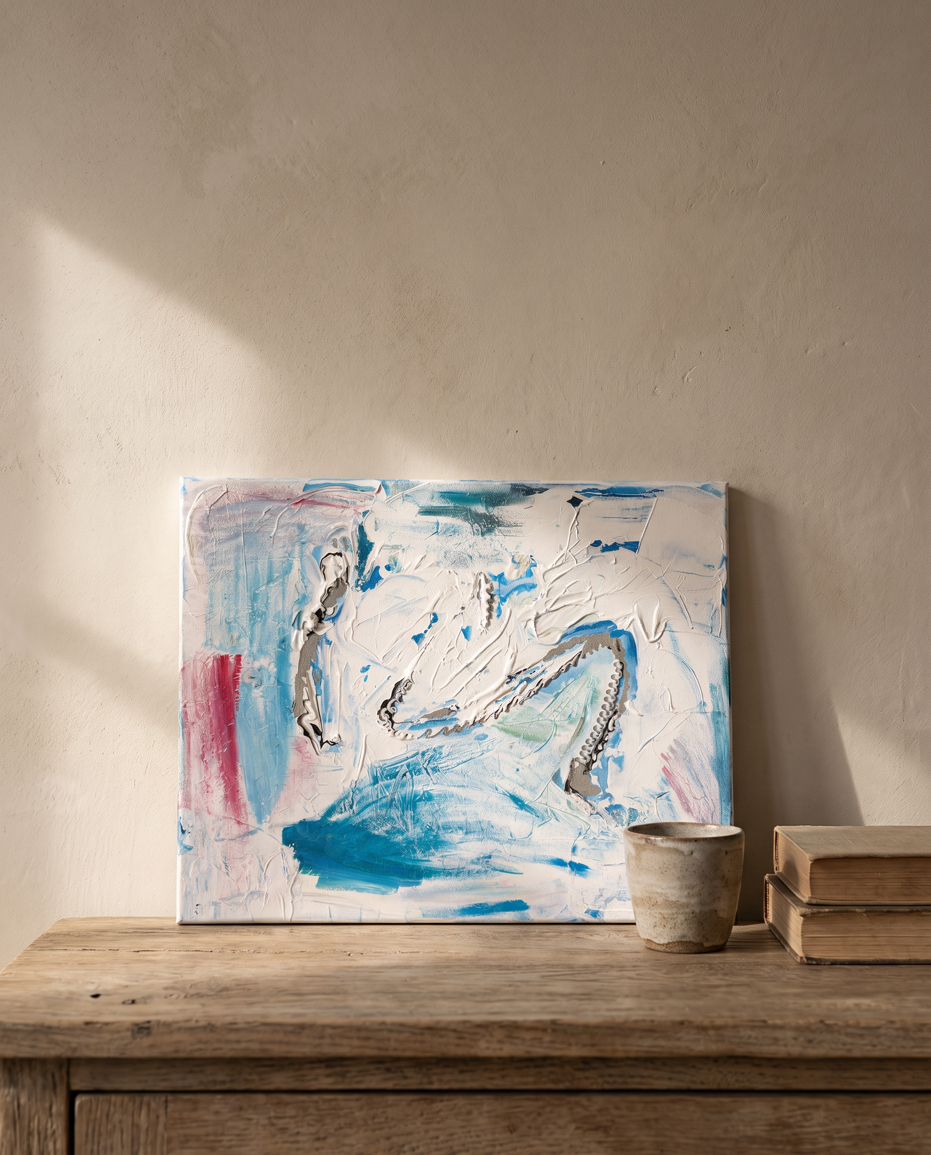 Weather, in Blue, acrylic on canvas by Leah Mendelson, leaning on an oak console