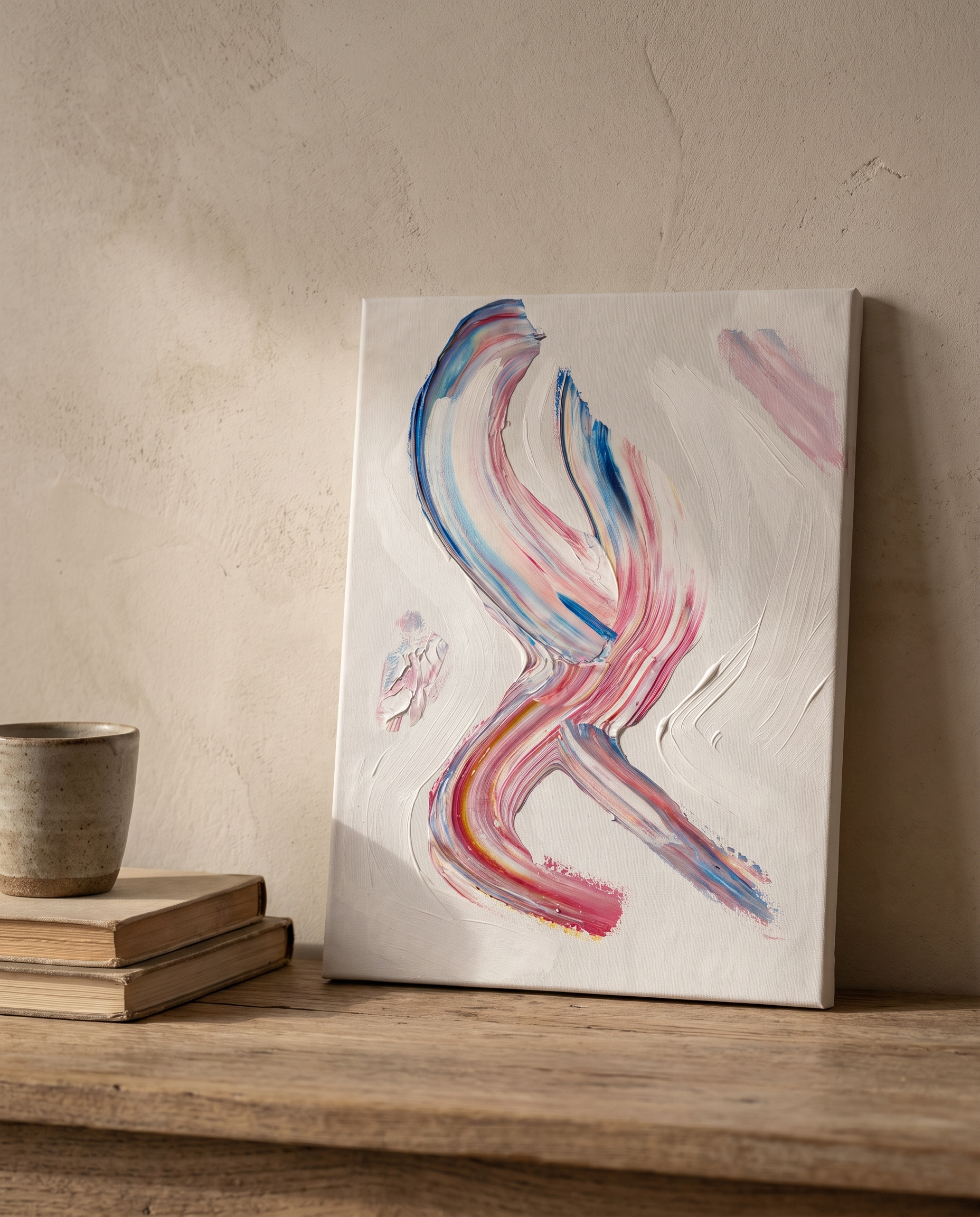 The Ribbon, acrylic on canvas by Leah Mendelson, leaning on an oak console