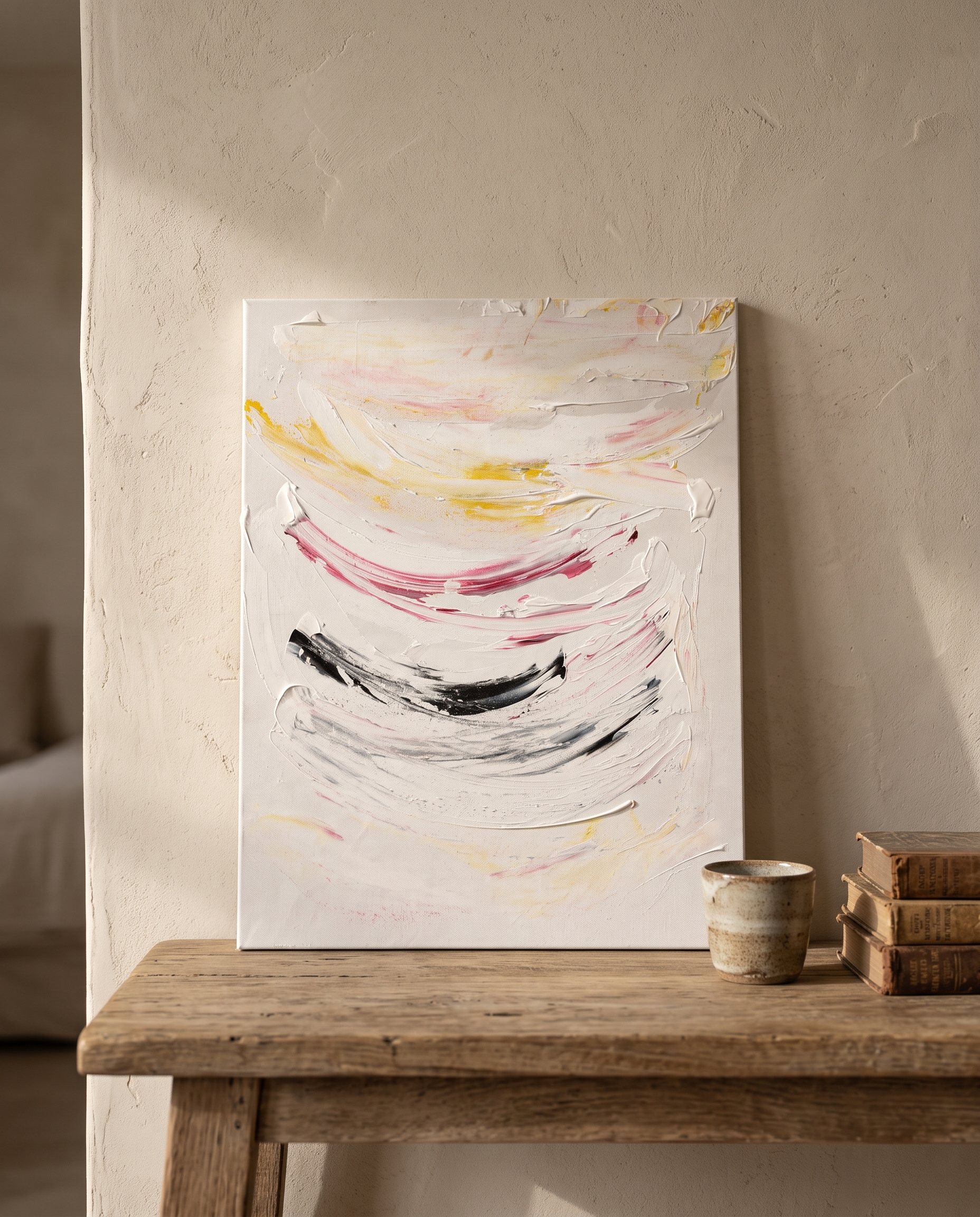 Soft Banding by Leah Mendelson, acrylic on deep canvas, leaning on an oak console