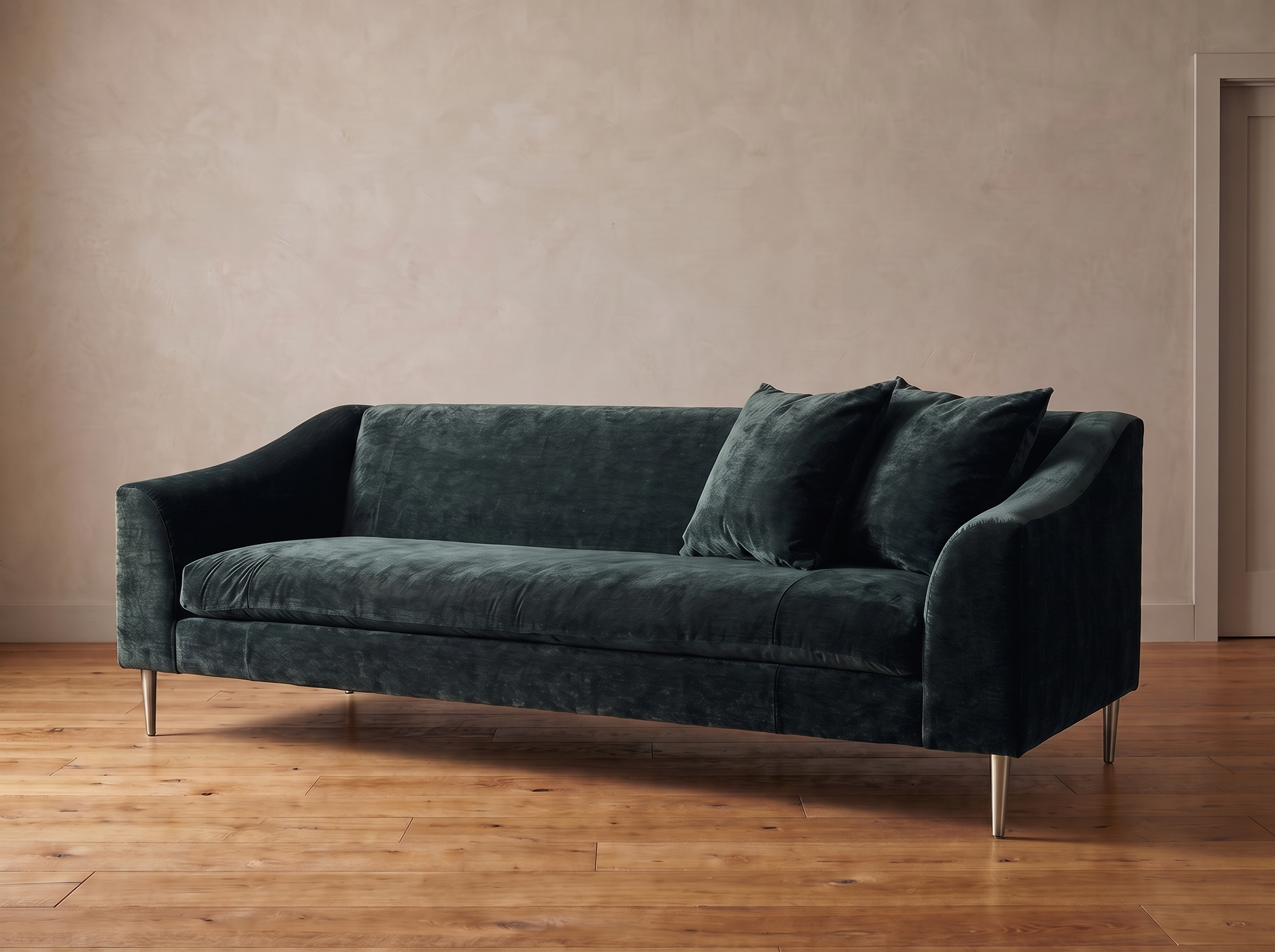 Vanguard Tess sofa in deep peacock crushed chenille with brushed nickel legs, three-quarter view, greige plaster wall and reclaimed wood floor