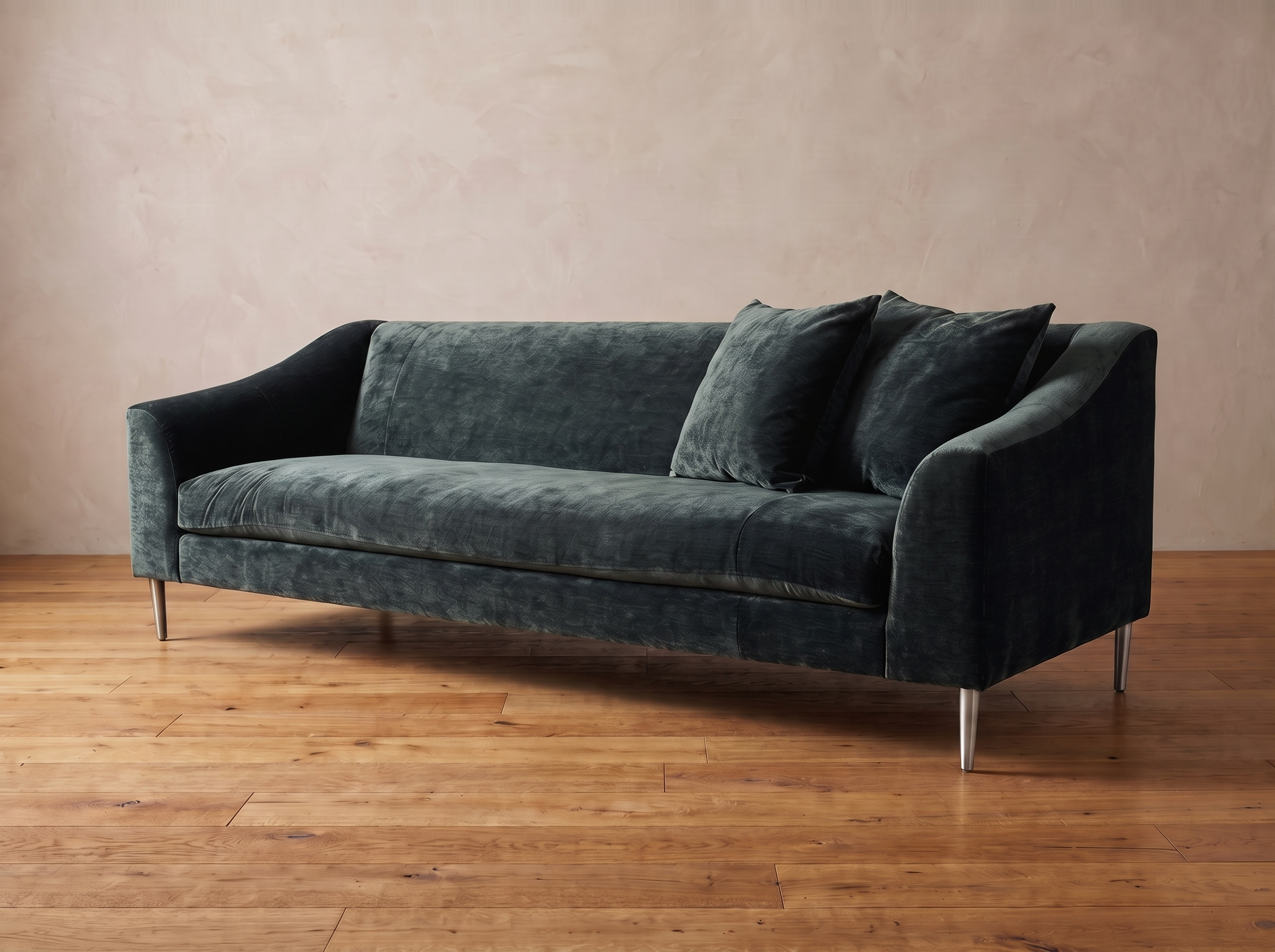 Vanguard Tess sofa three-quarter view showing the long bench cushion