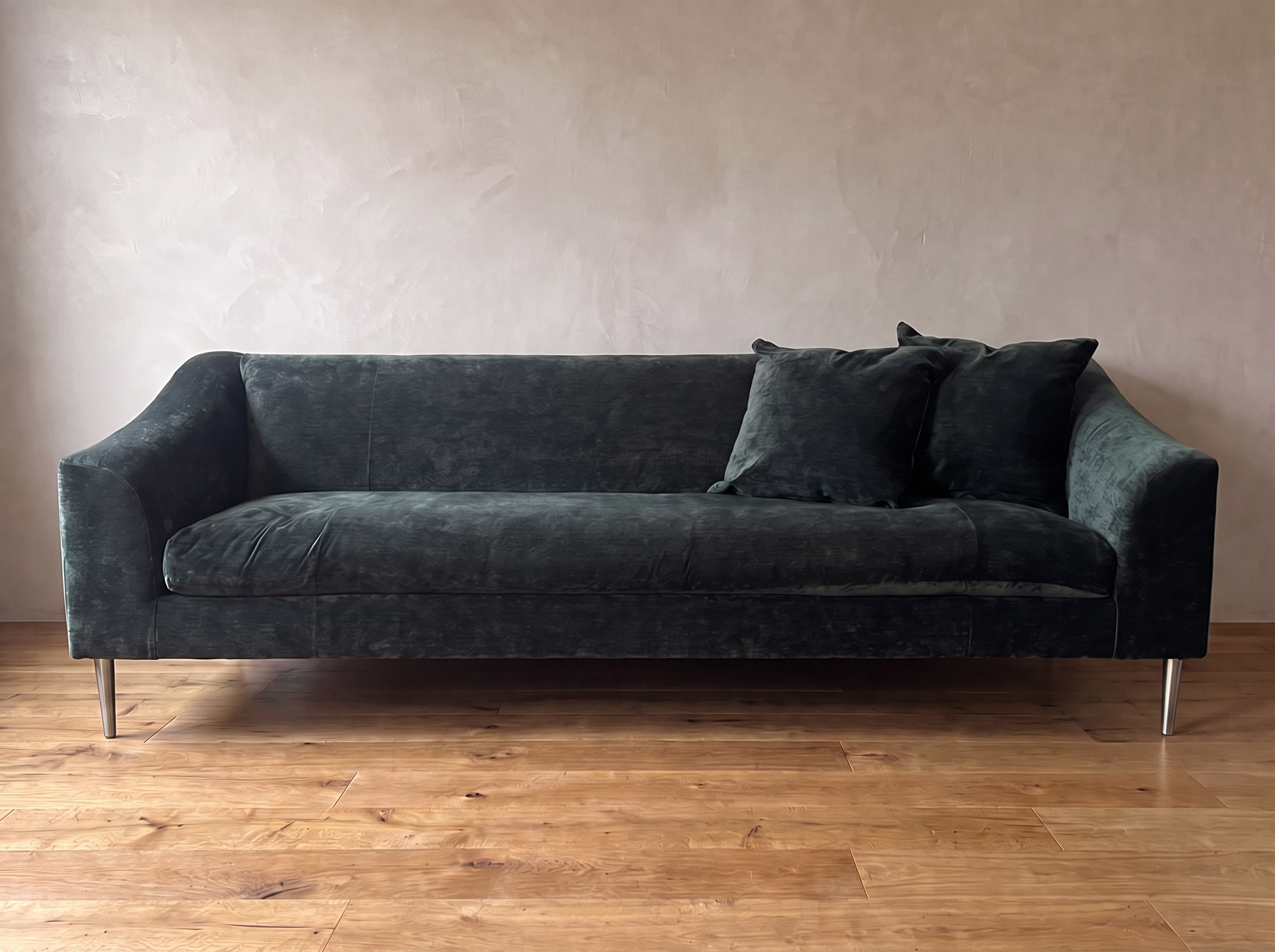 Vanguard Tess sofa straight-on front view with two matching pillows