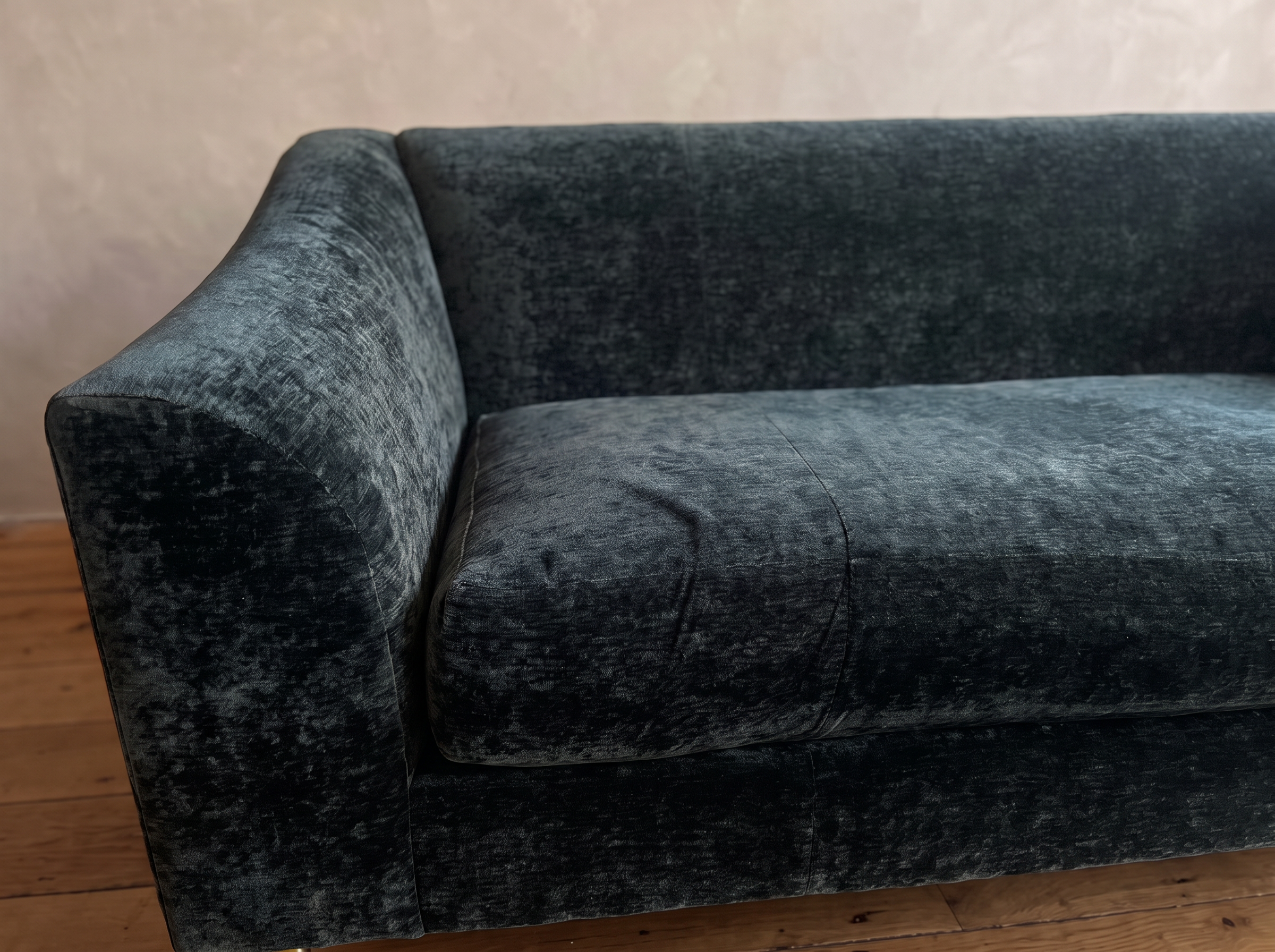 Close-up of the peacock crushed chenille, flared arm and bench cushion