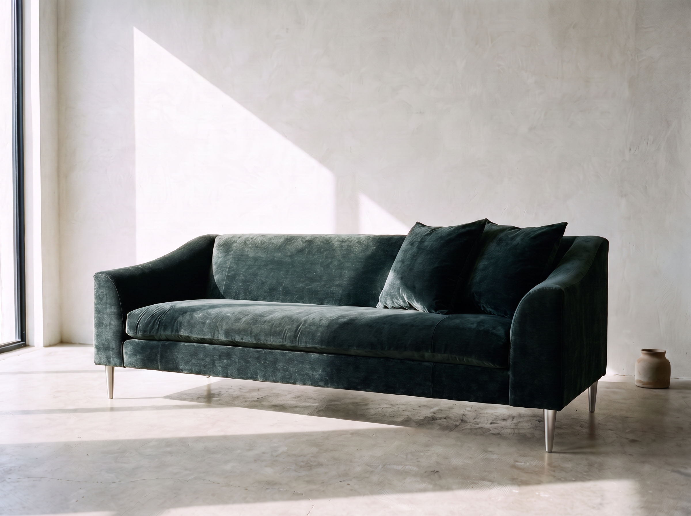 Tess sofa in a bright limewashed room with hard side light