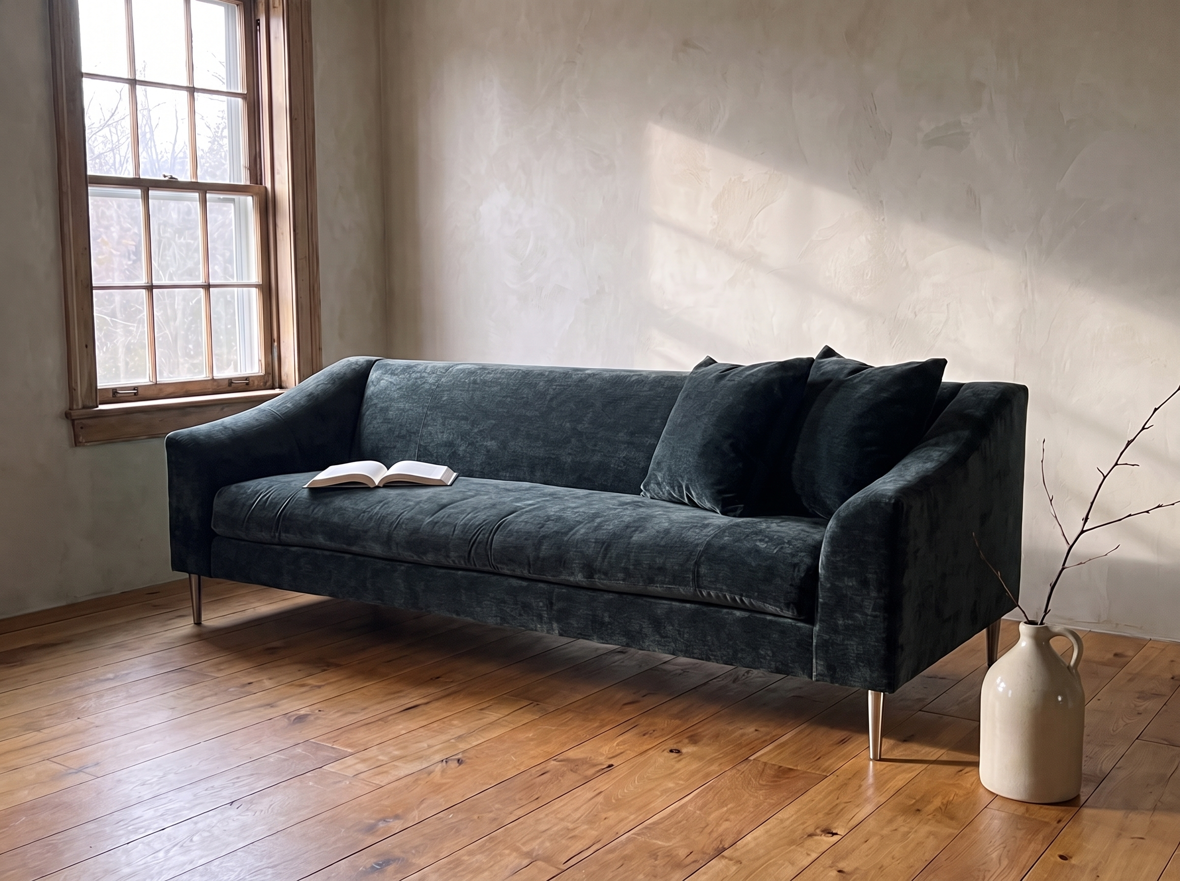 Tess sofa in morning window light with an open book on the cushion and a bare branch in a stoneware jug