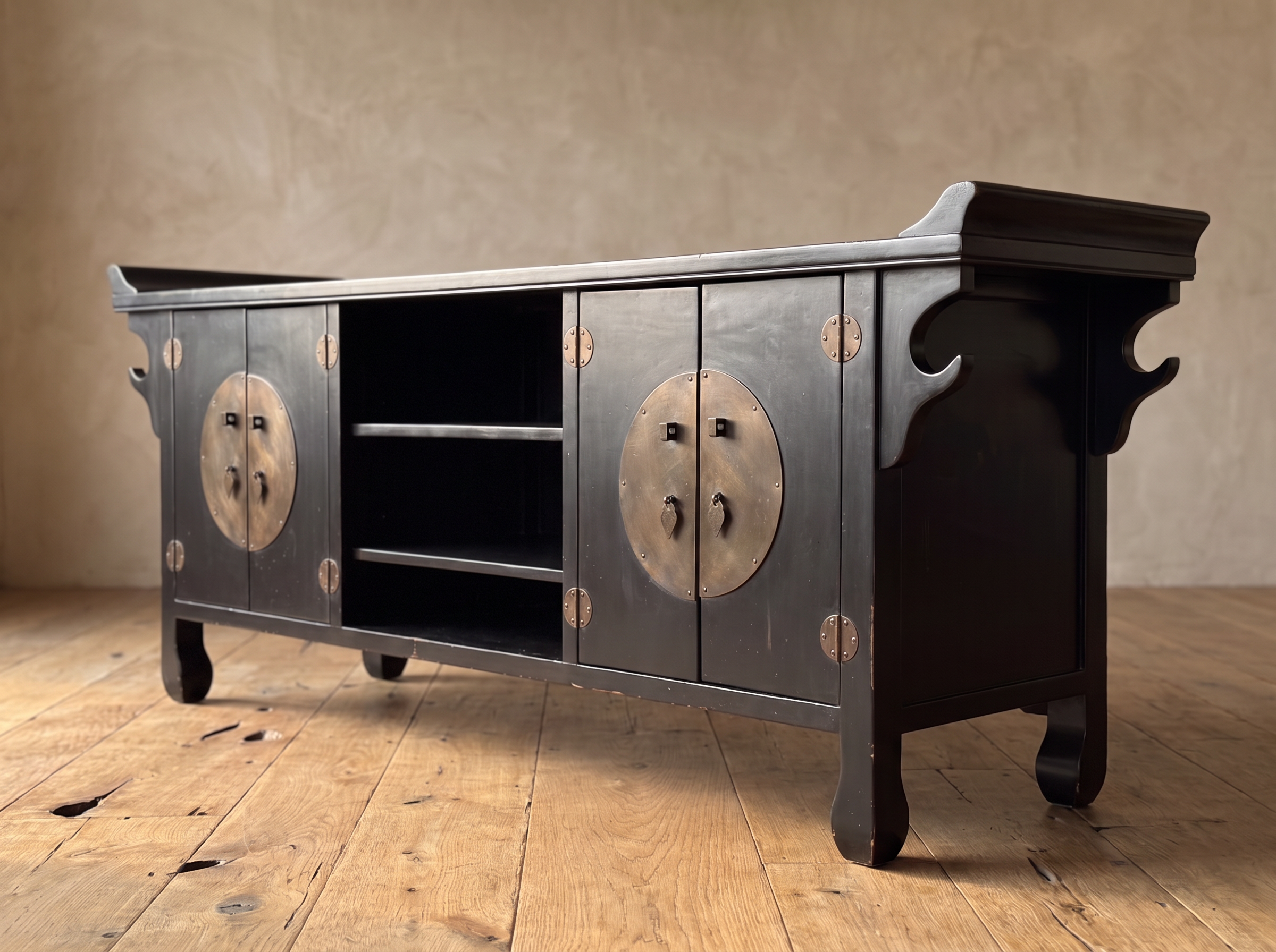 Three-quarter view of the black lacquer console from the right end