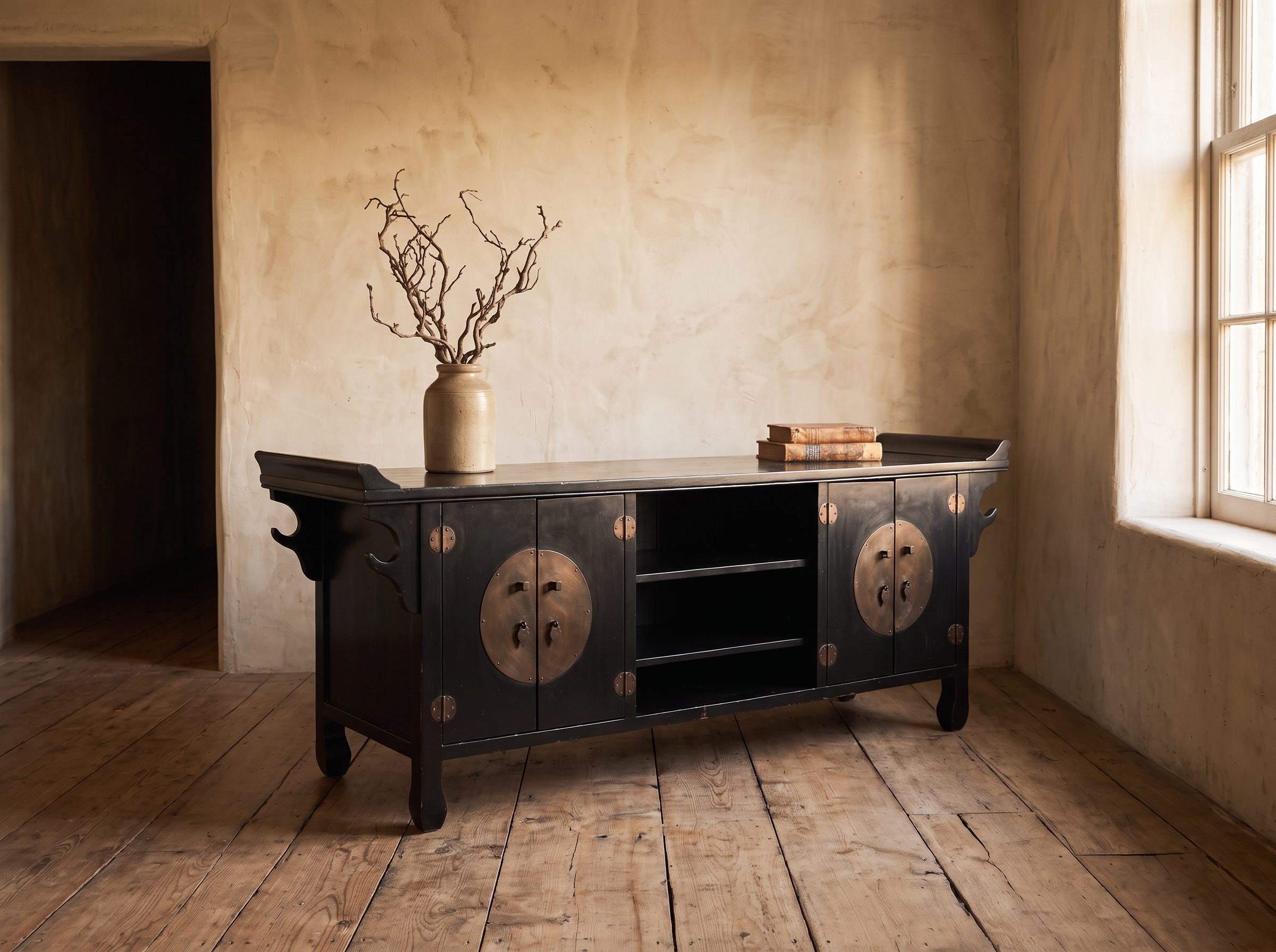 Black lacquer console by a window with a branch in a stoneware jug and old books