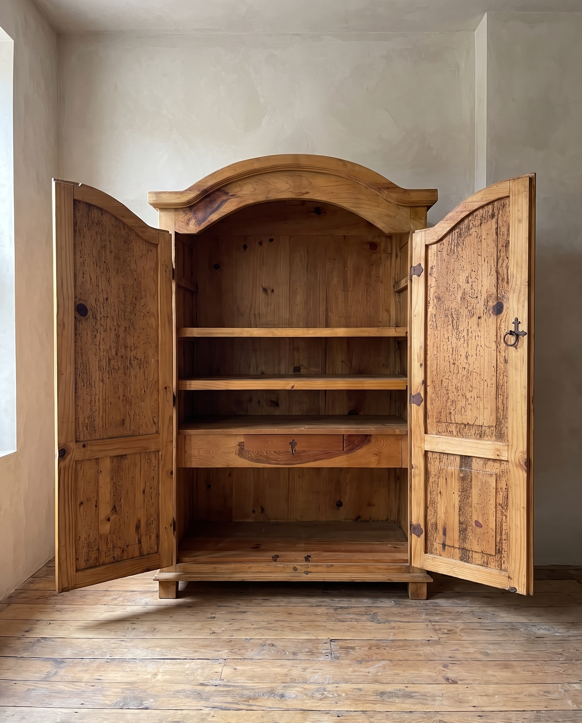 Armoire with both doors open showing pine shelves and a small keyed drawer