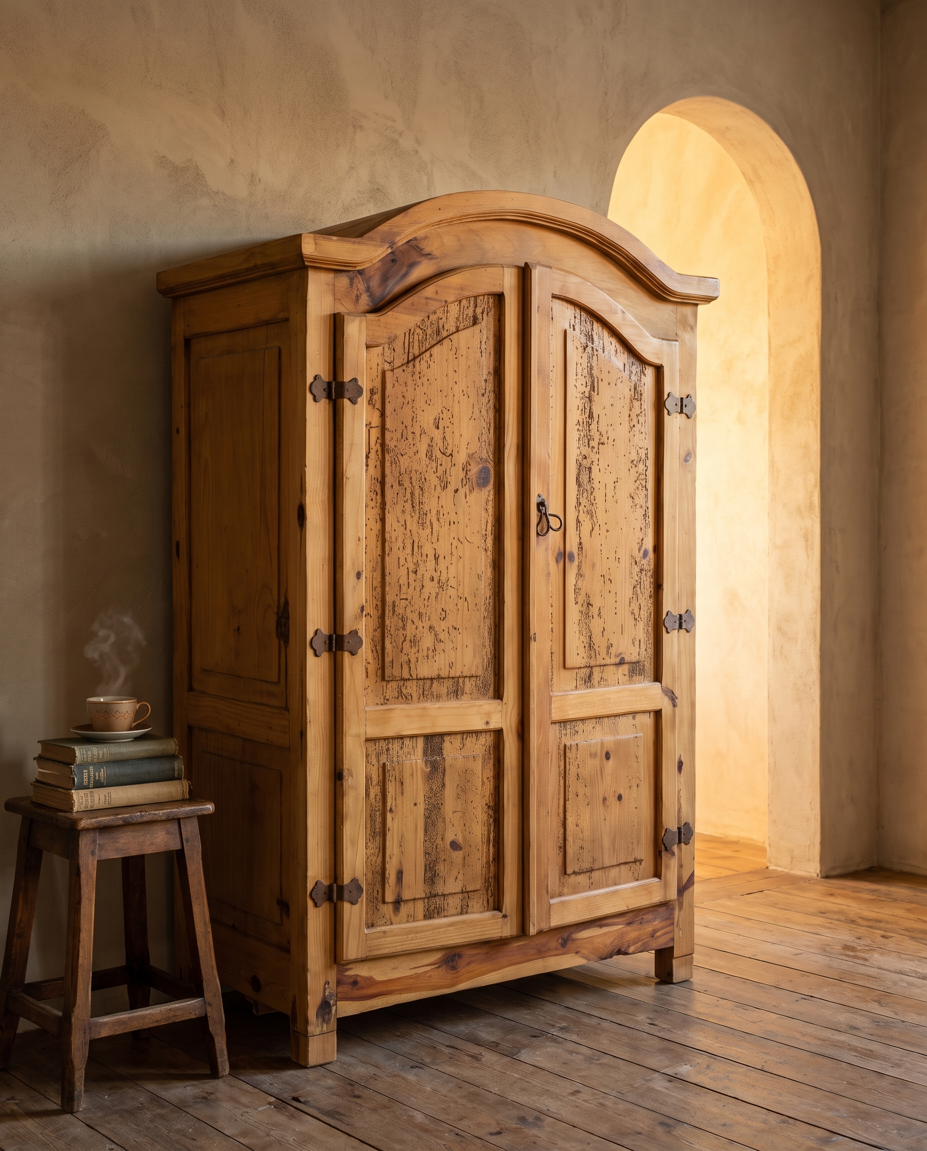 The armoire in a plaster room with amber light glowing through an arch, a stool with books and tea beside it