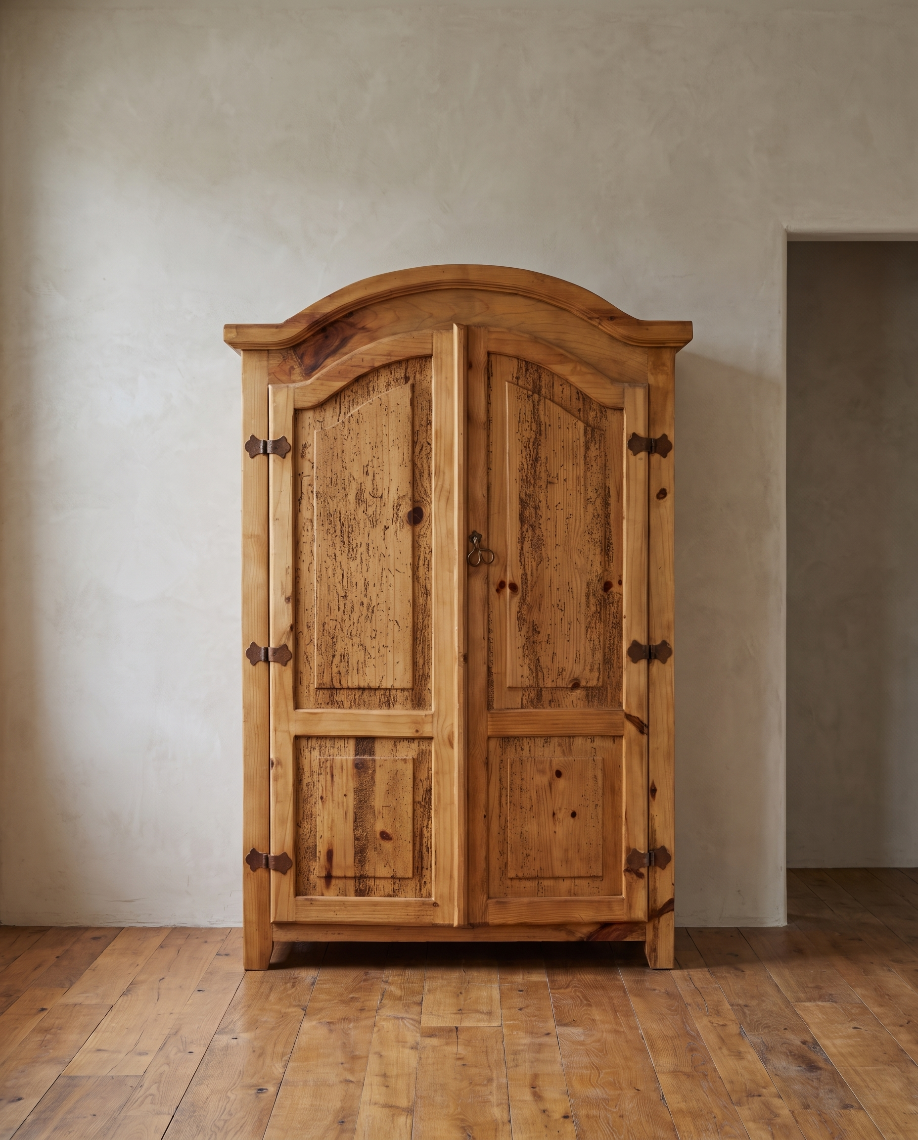 Front view of the pine armoire with arched crown, distressed doors and iron hinges
