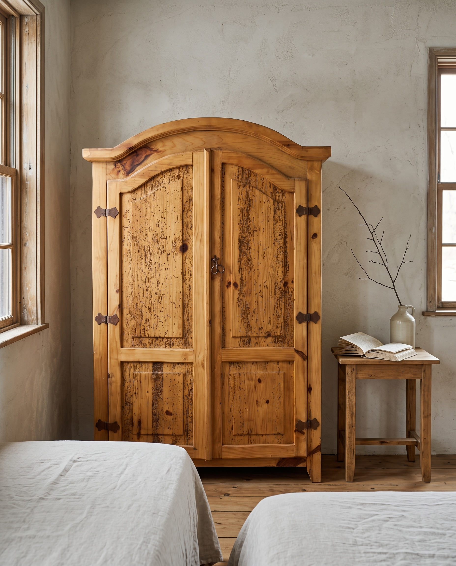 The armoire in a quiet bedroom with morning window light and a small nightstand