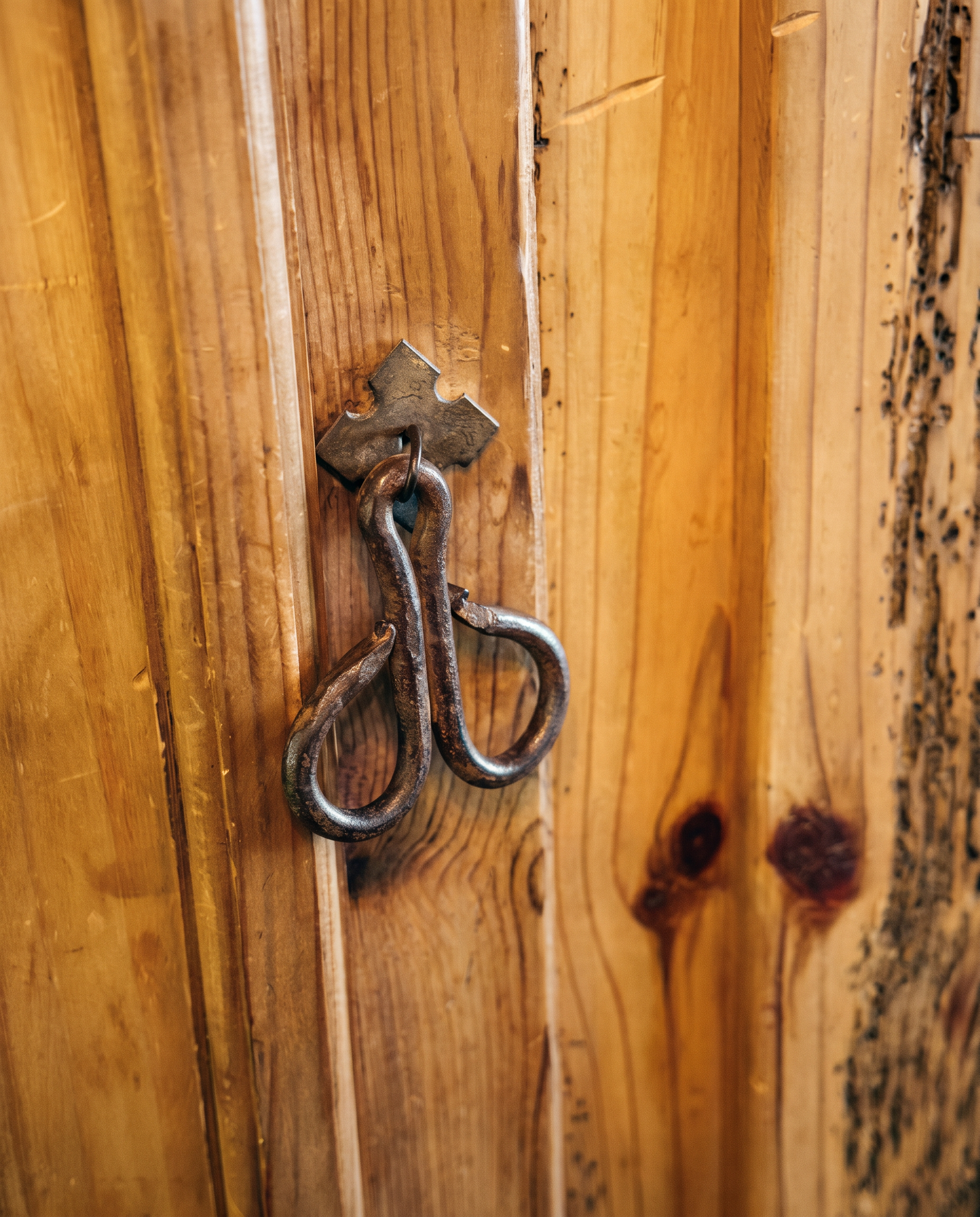 Close-up of the hand-forged iron ring-and-hook latch on knotty pine