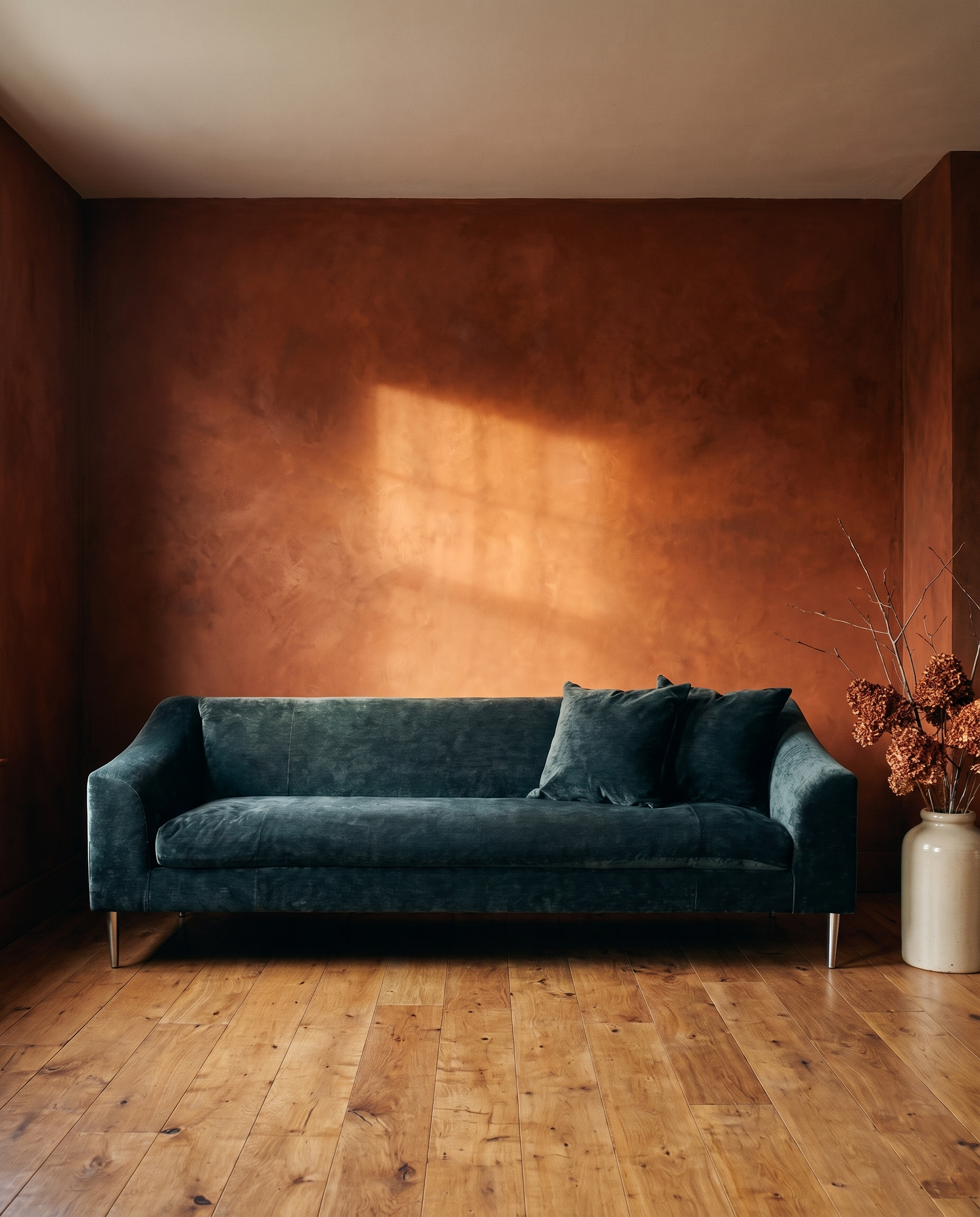 Vanguard Tess sofa in deep peacock crushed chenille against a glowing rust plaster wall, dried hydrangeas in a stoneware vessel