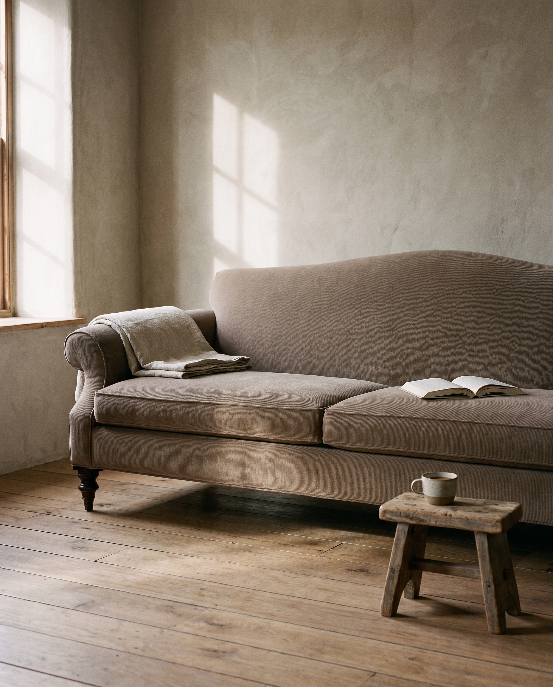 Taupe camelback sofa in soft morning window light with a linen throw over the arm and coffee on a wooden stool