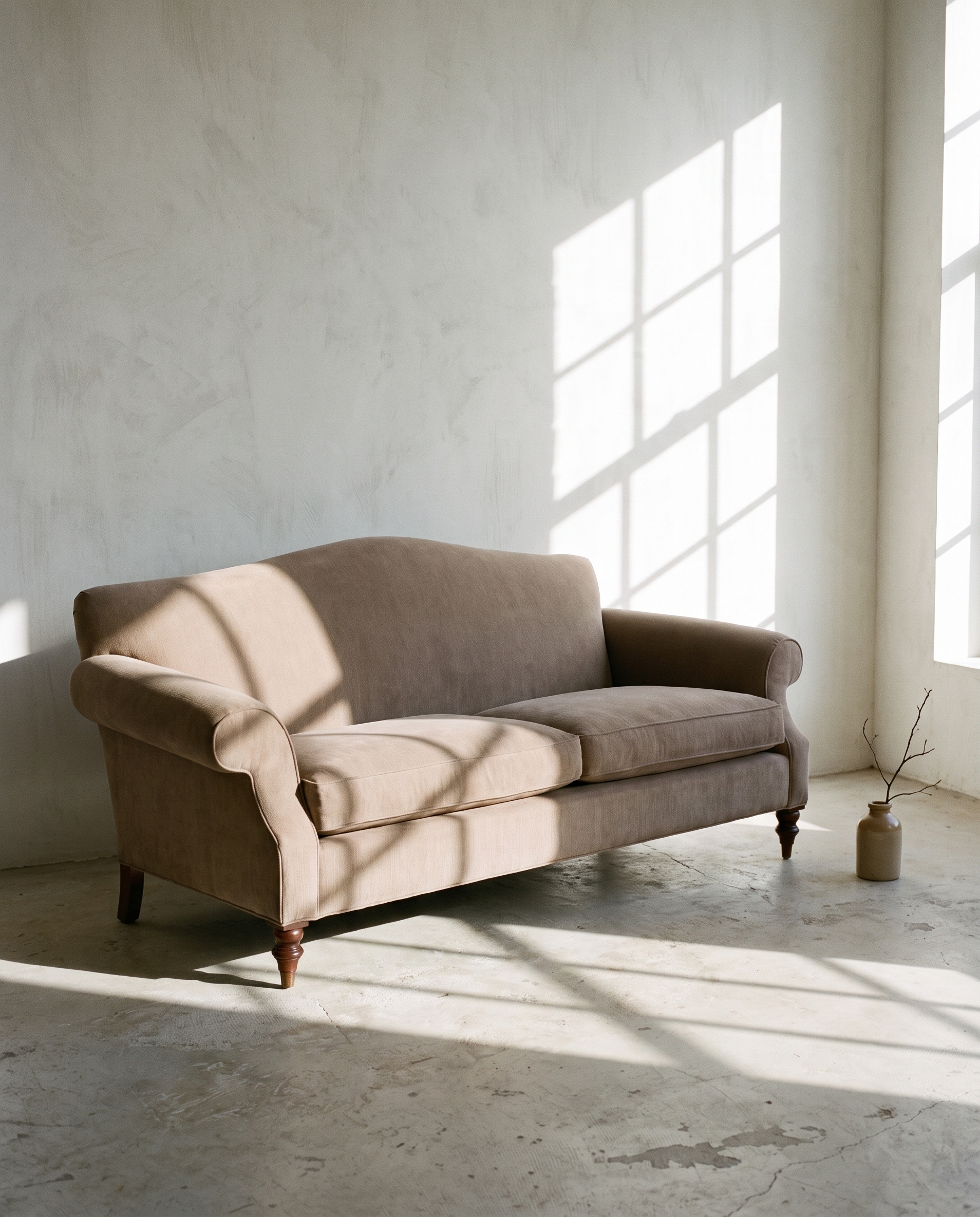 Taupe camelback sofa in a pale limewashed room with window light printing a grid across the wall