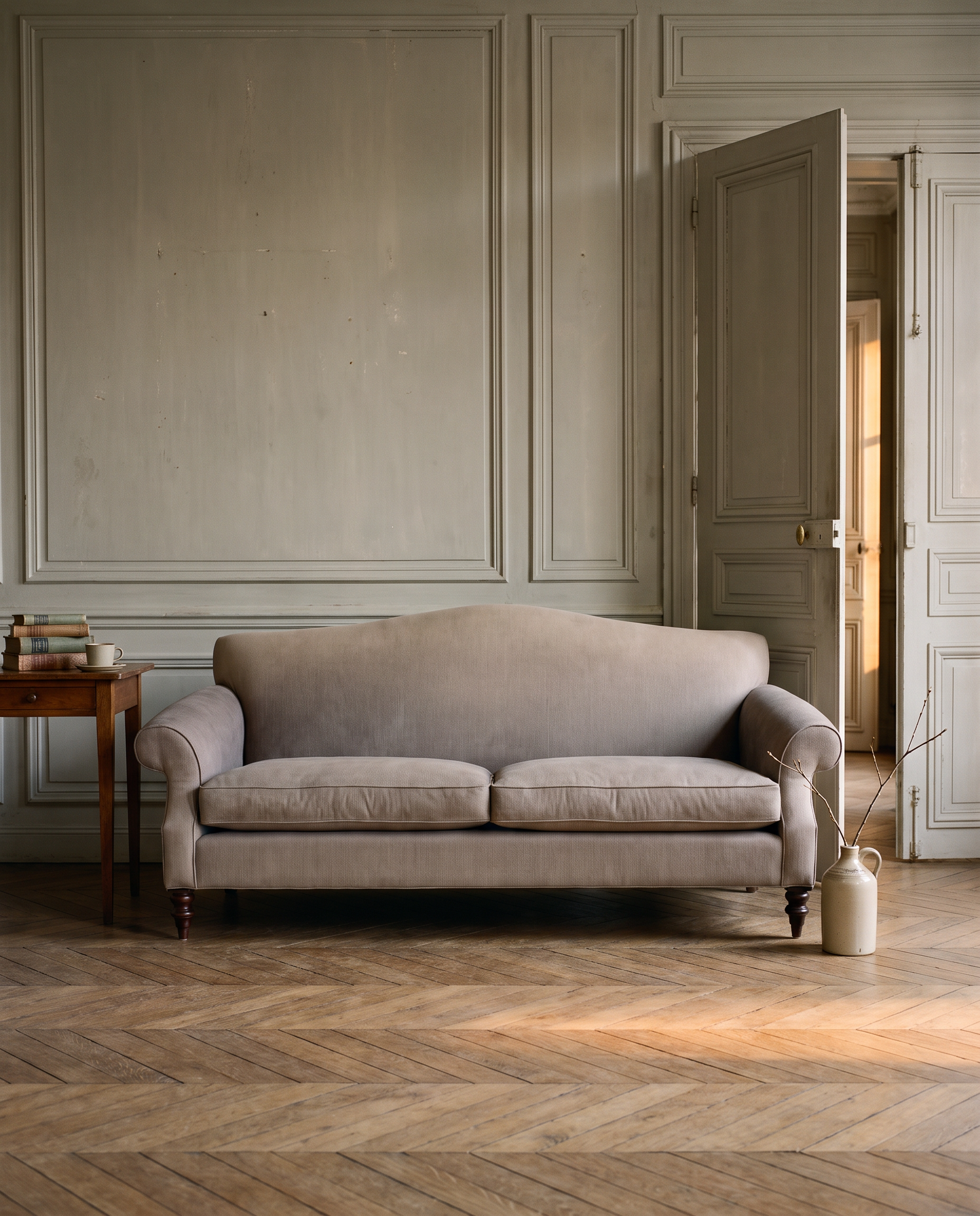 Taupe camelback sofa in a Parisian boiserie salon with herringbone parquet and doors open to amber light