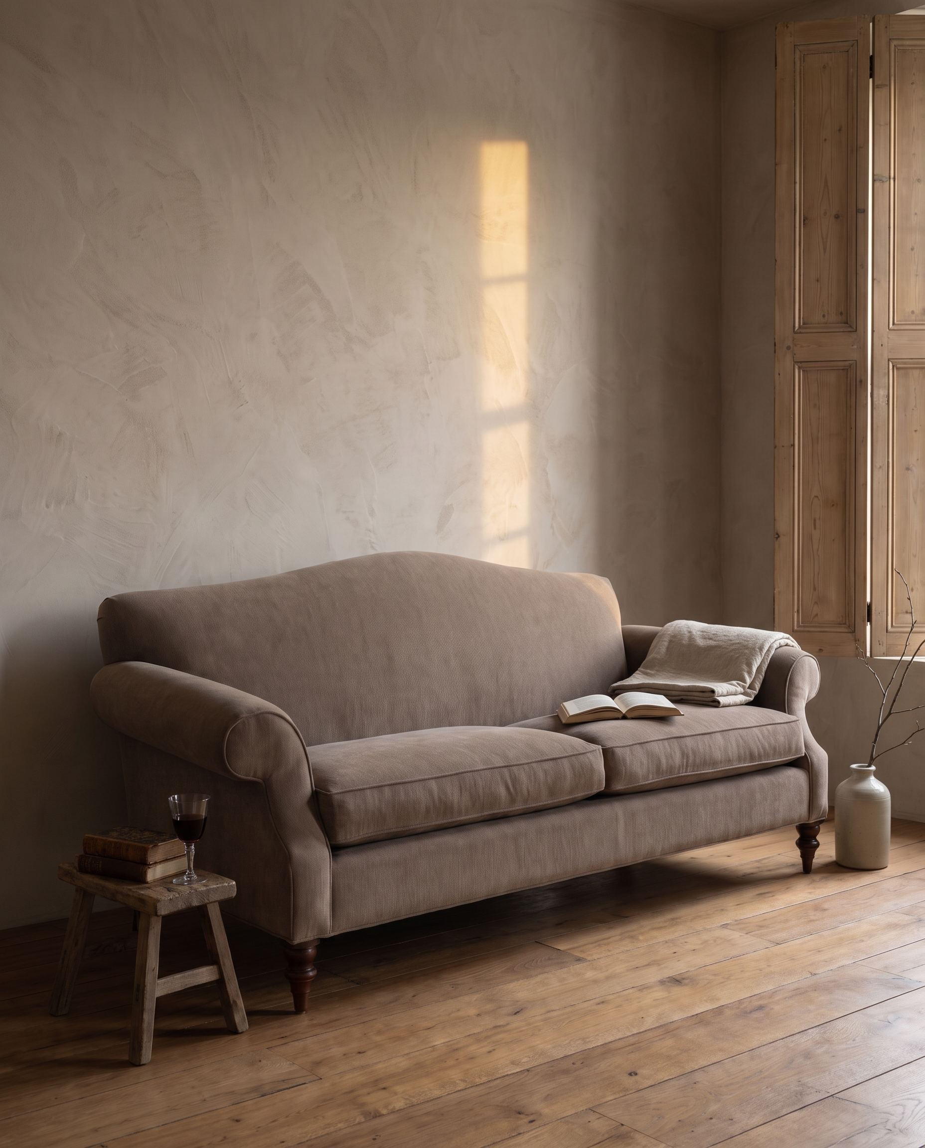 Taupe camelback sofa at dusk beside half-closed timber shutters with a slat of honey light, an open book and a glass of wine