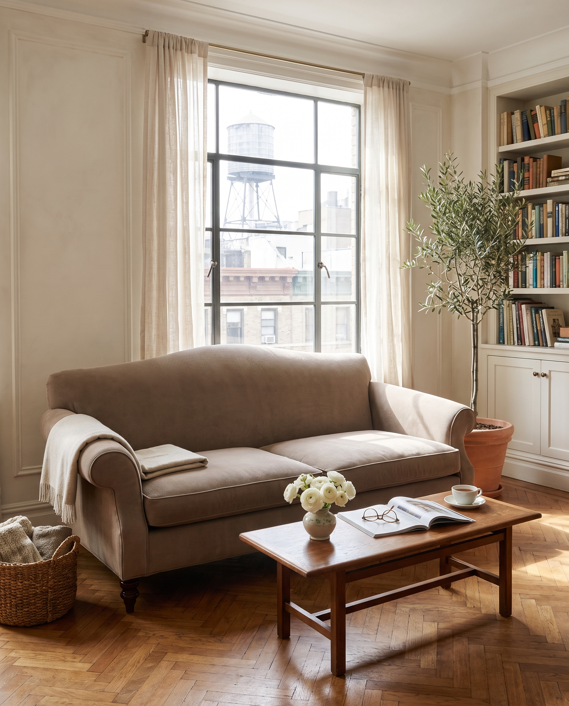 Taupe camelback sofa in a sunny prewar Upper West Side living room with a water tower view, bookcase and olive tree