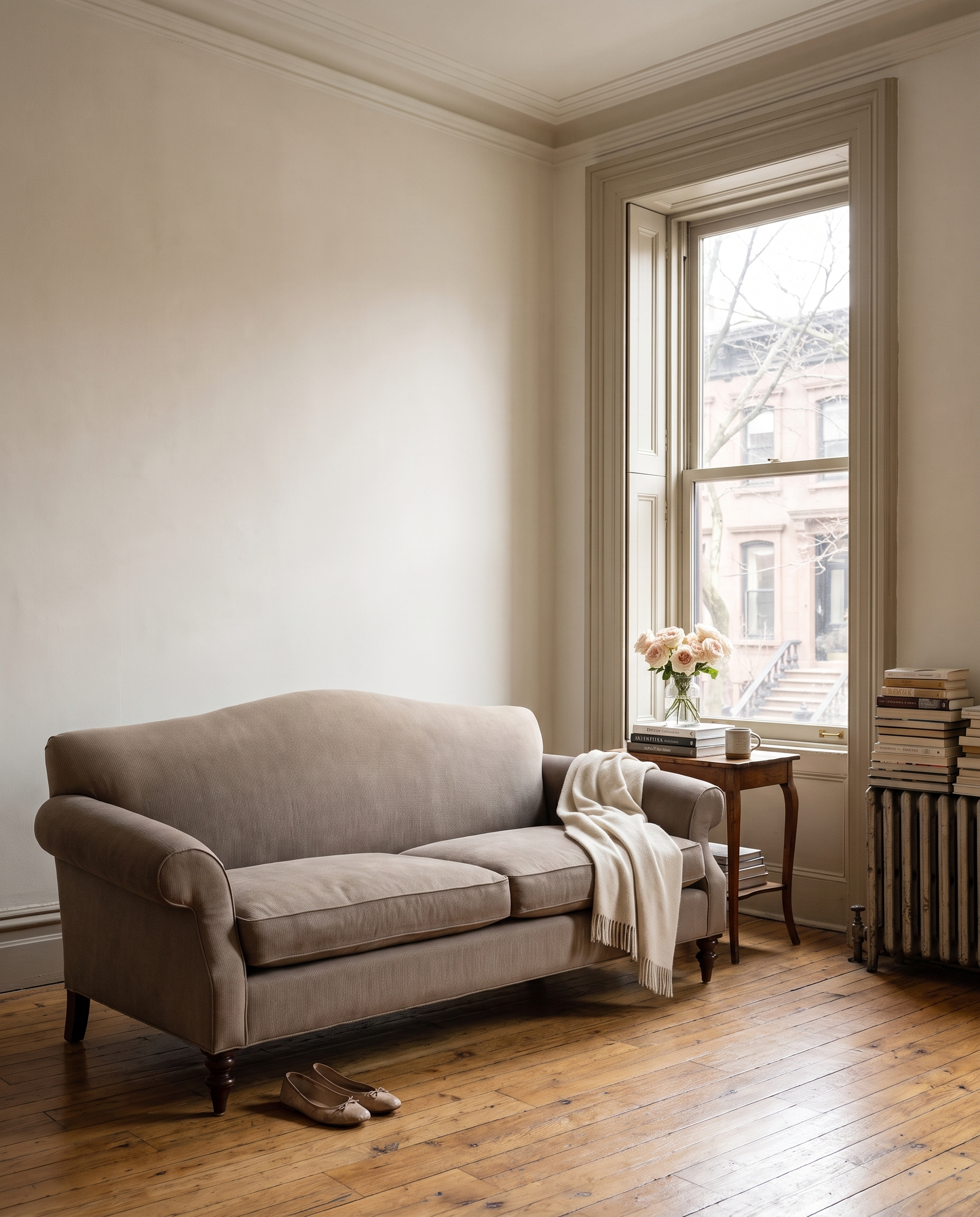 Taupe camelback sofa in a Harlem brownstone parlor beside a tall window with roses on a side table