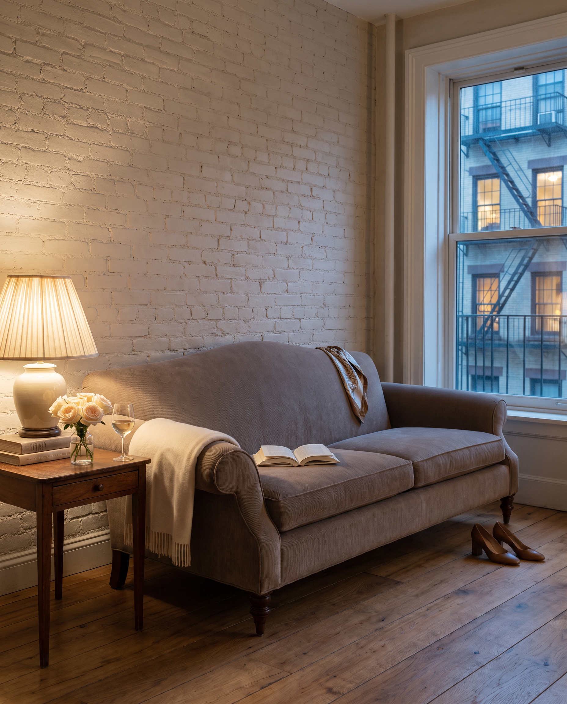Taupe camelback sofa in a West Village apartment at dusk with a glowing linen lamp and limewashed brick