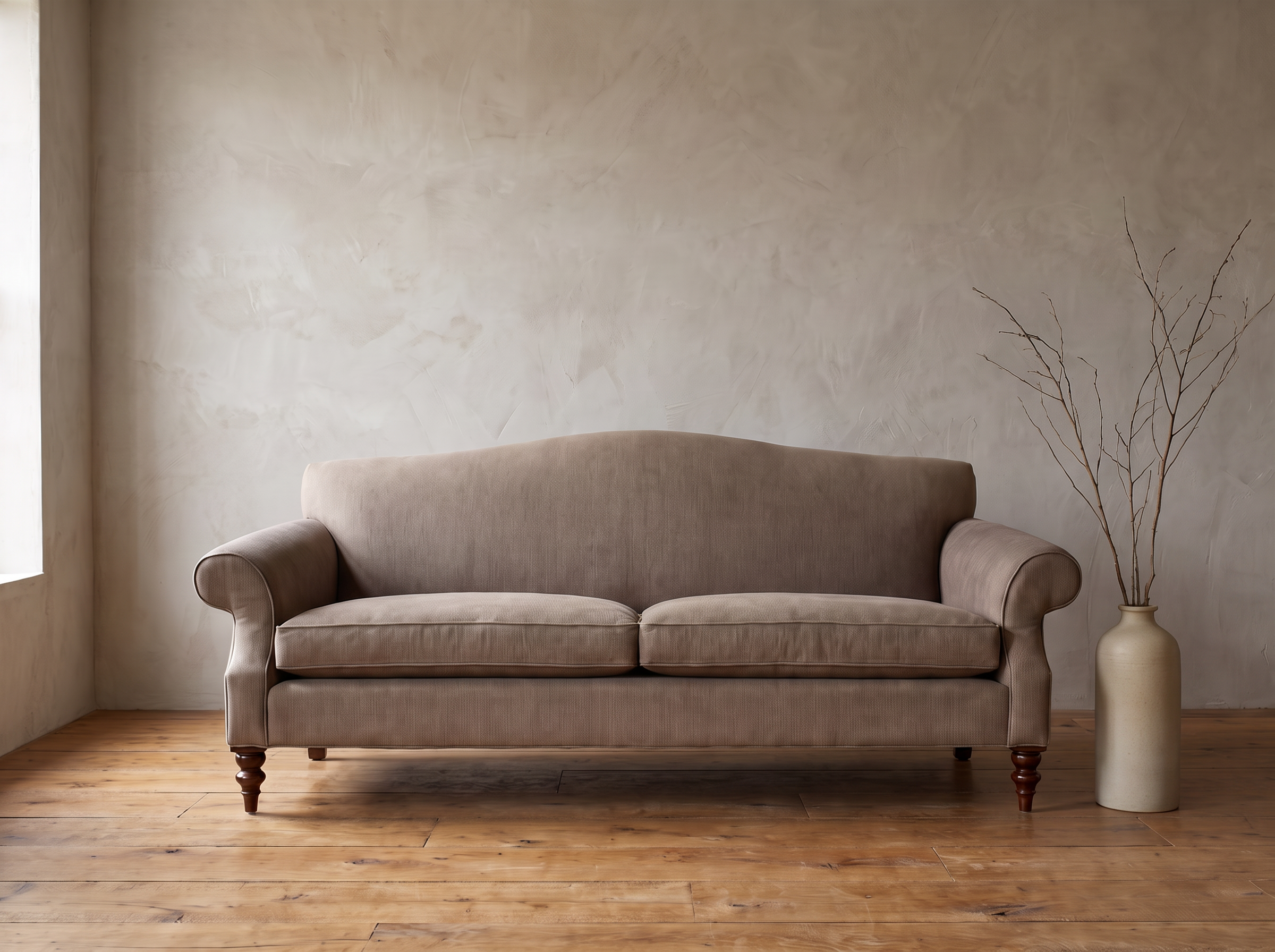 Taupe ticking camelback sofa against a hand-troweled plaster wall with a tall pale stoneware vase of bare branches