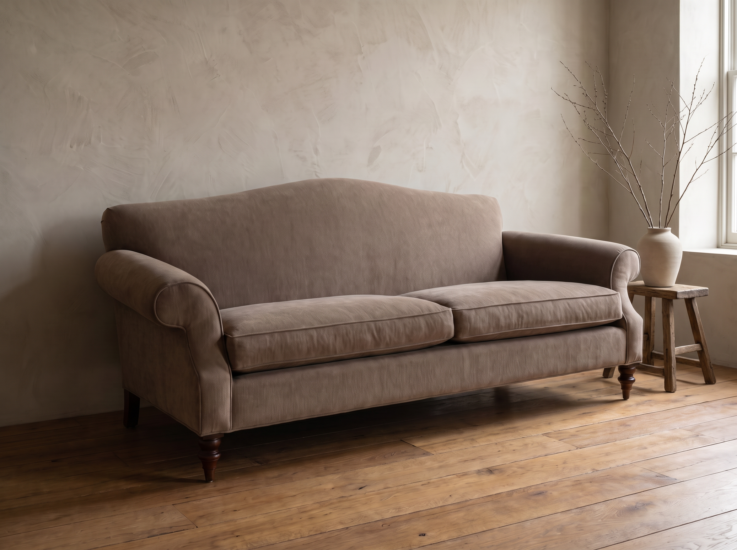 Three-quarter view of the taupe camelback sofa from the right with a weathered stool and stoneware vase by the window