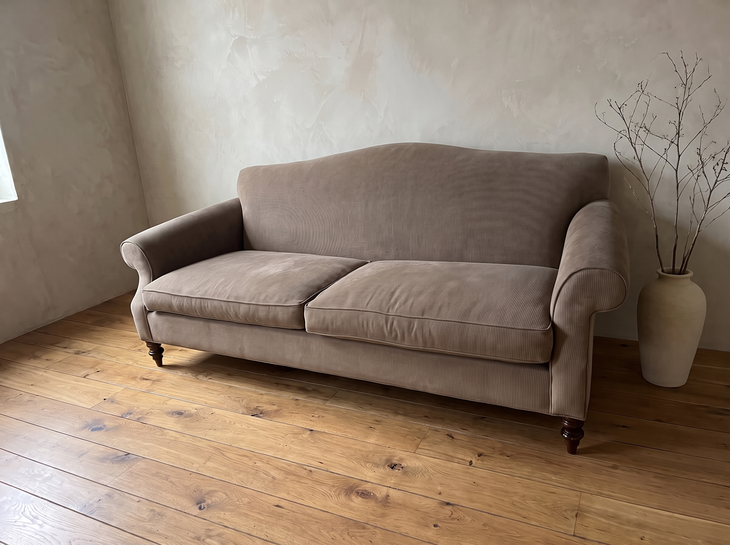 Three-quarter view of the taupe camelback sofa from the left with a stoneware vase of branches in the corner