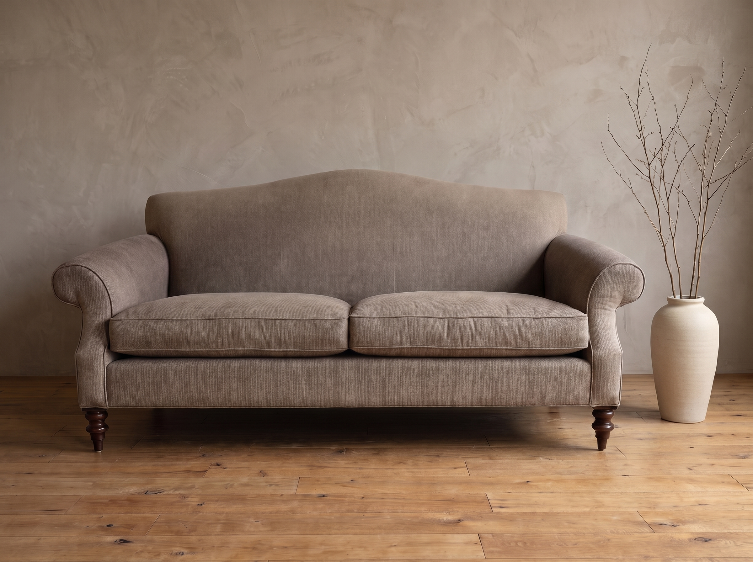 Front view of the taupe camelback sofa with both scroll arms and a pale stoneware vase of bare branches