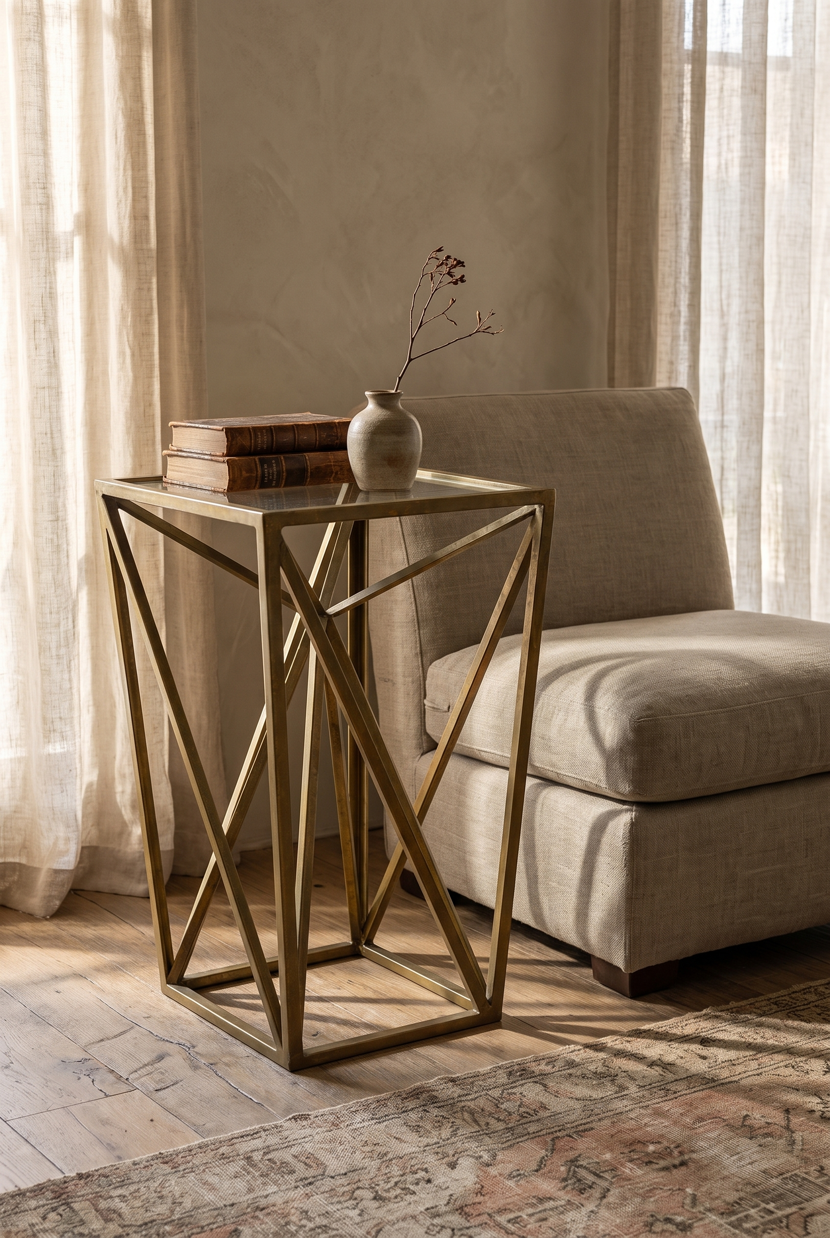 Scintilla brass side table beside a linen chair