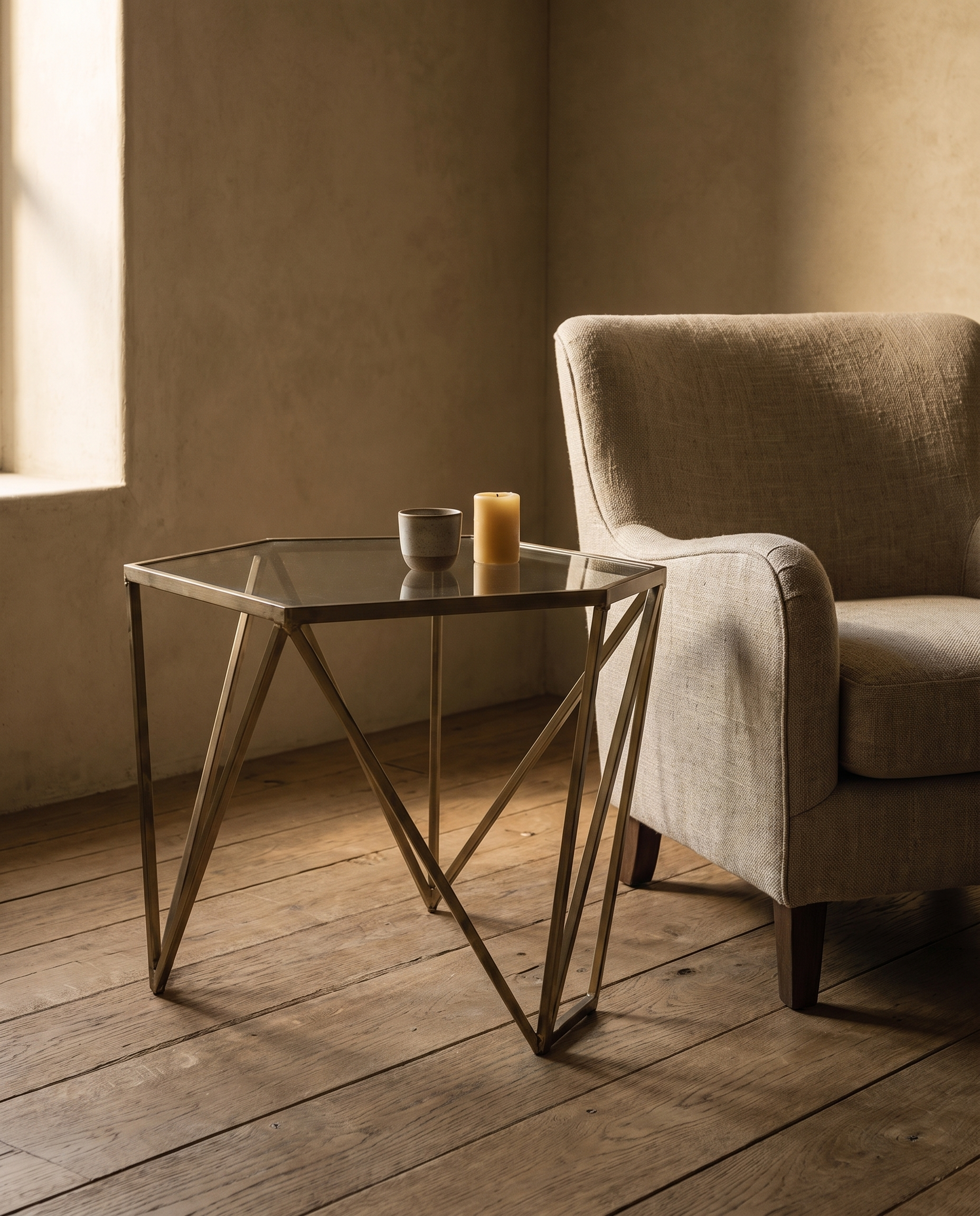 Facets brass side table beside a linen armchair