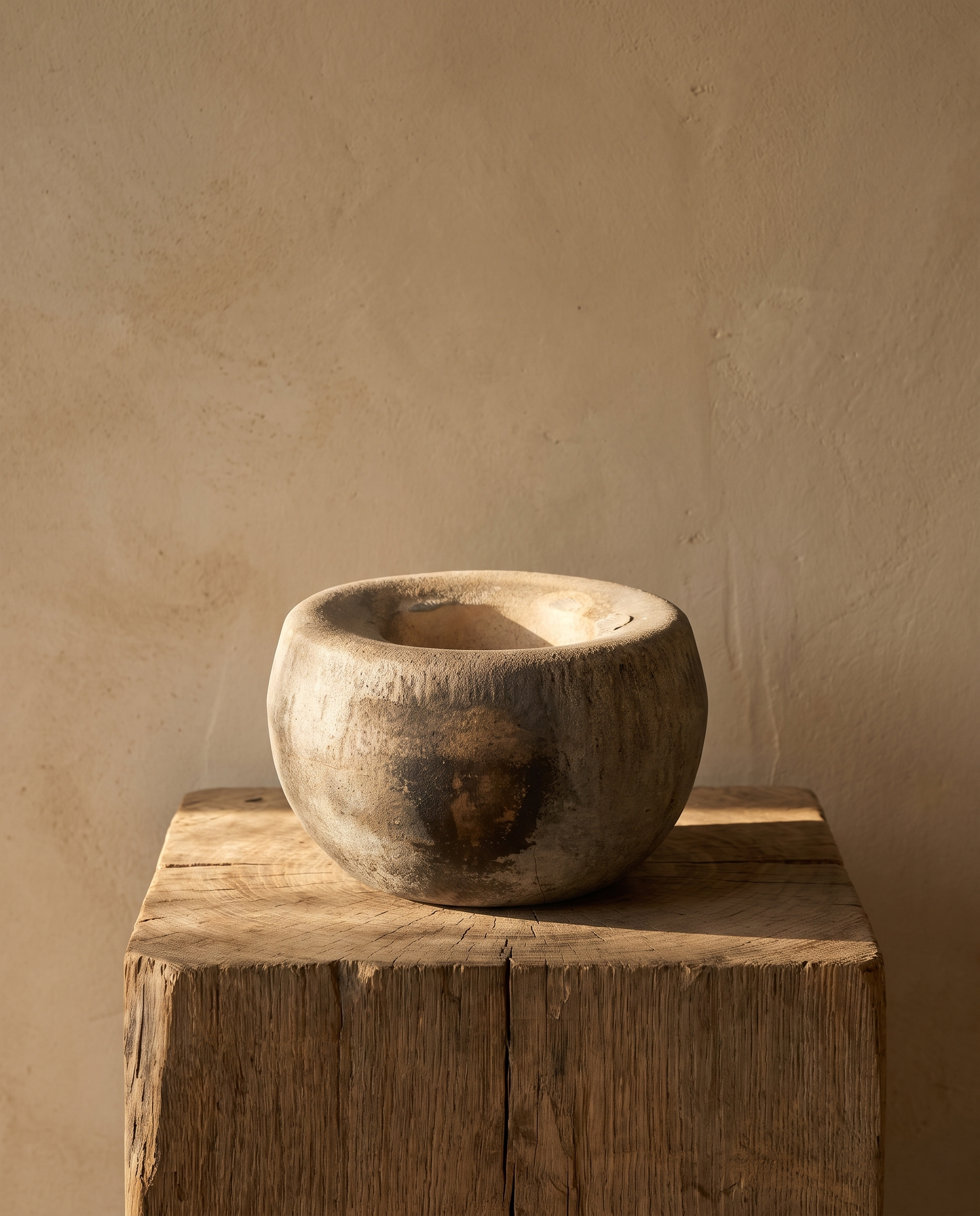 Antique stone mortar on an oak block