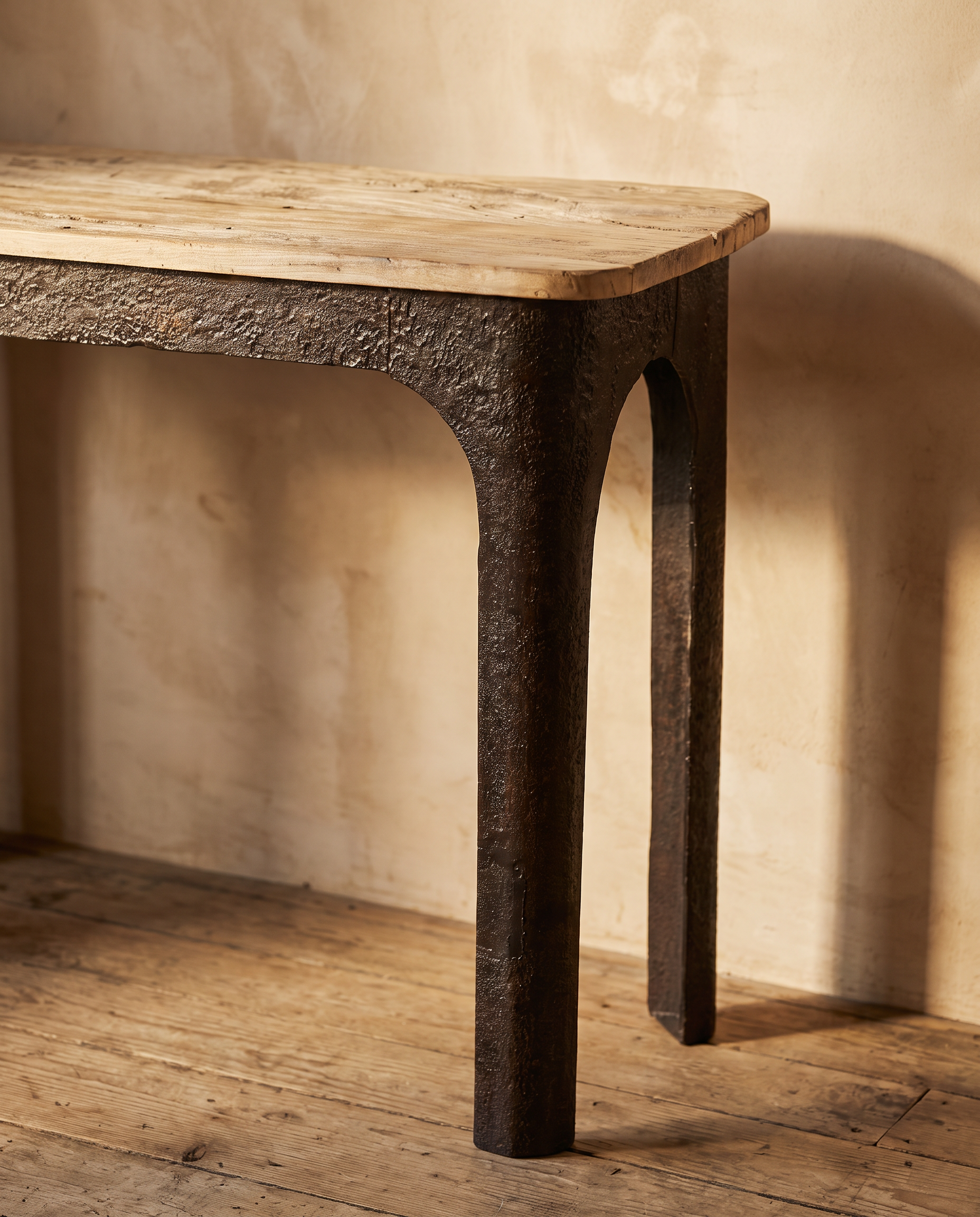 Forge console top and arched iron leg detail