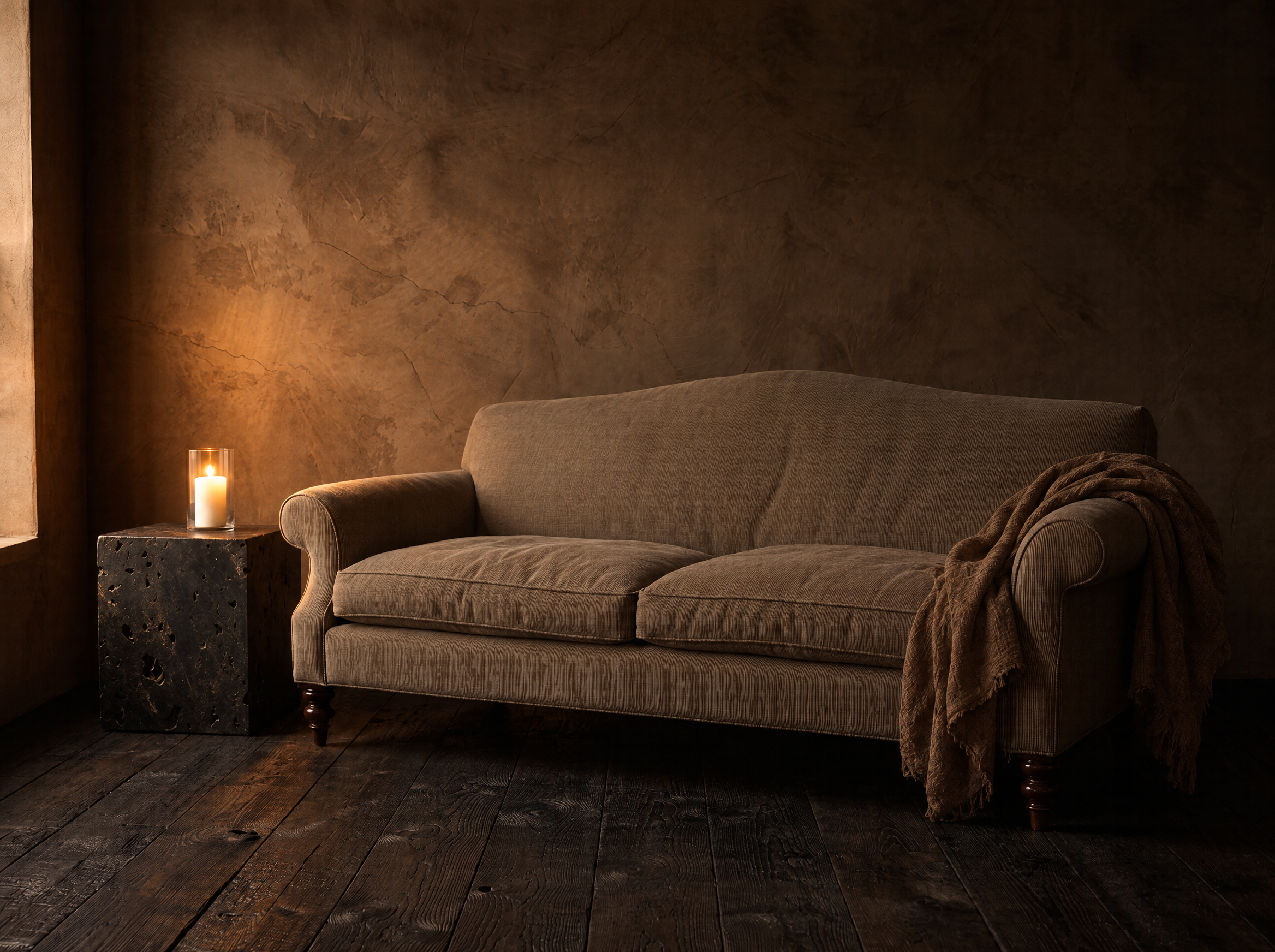 The Marcel camelback sofa by candlelight against a walnut plaster wall, with a rumpled umber linen throw