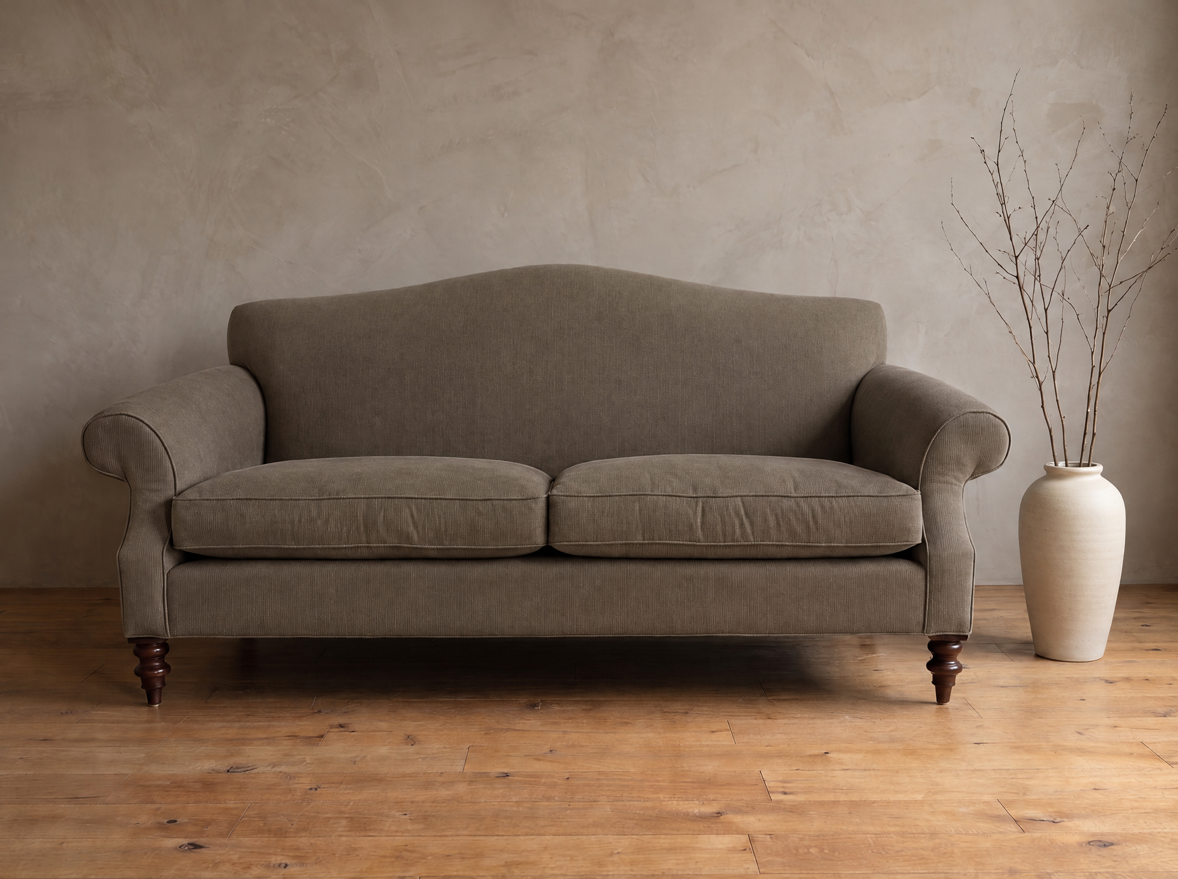 The Marcel camelback sofa, straight-on view