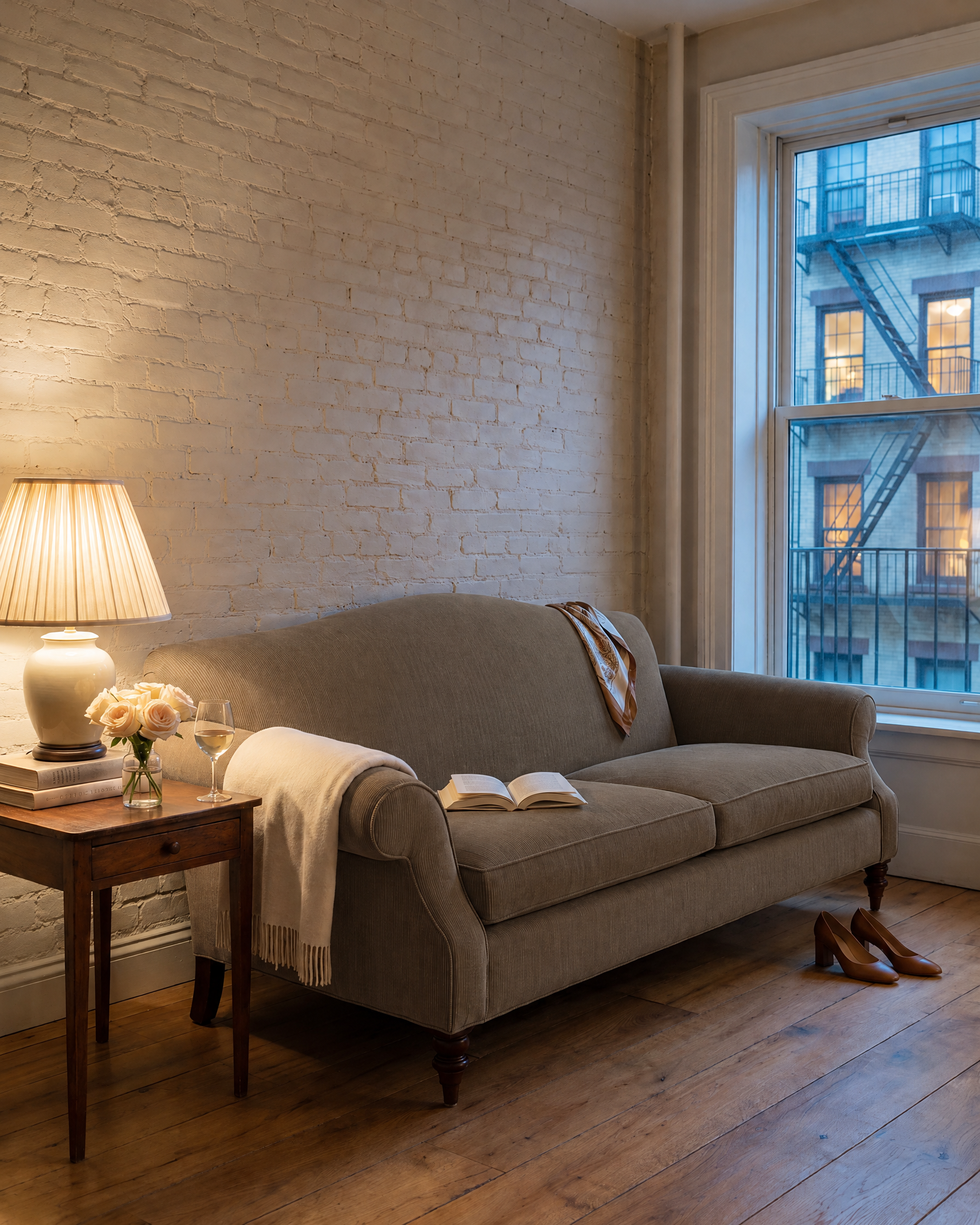 The Marcel in a West Village living room at blue hour
