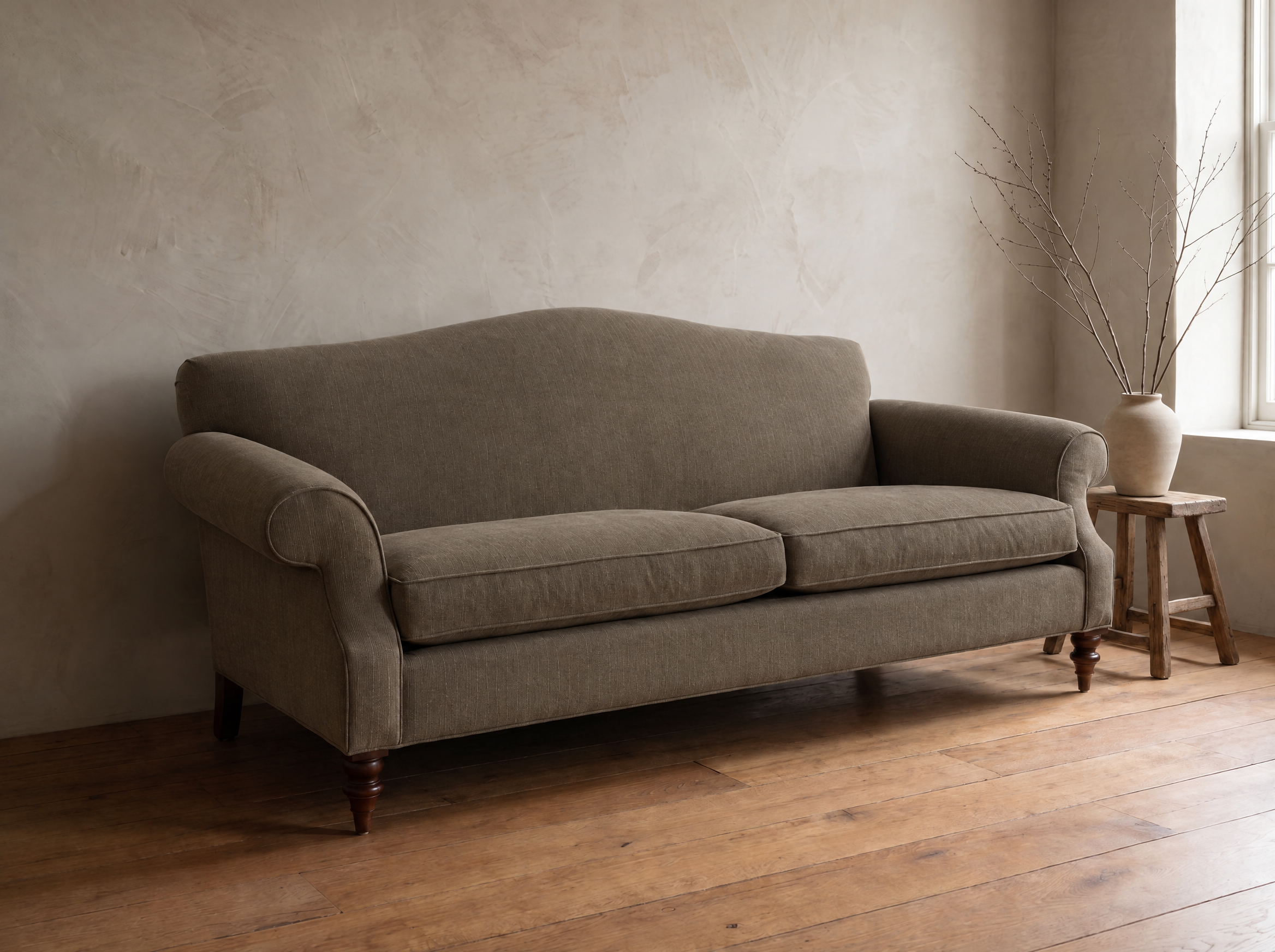 The Marcel camelback sofa, three-quarter view from the right