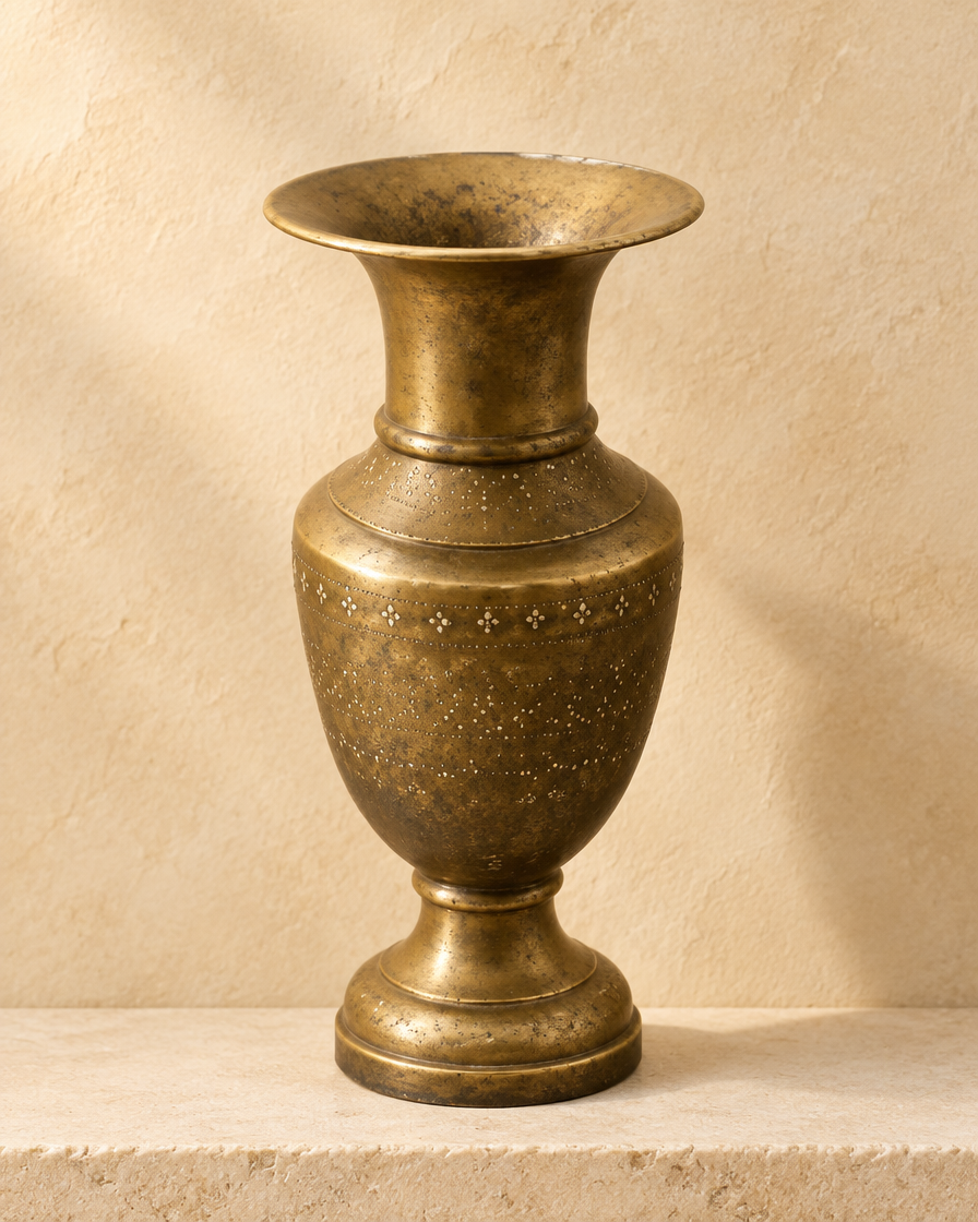 Ancient Indian brass urn with engraved bands on a stone ledge against warm plaster