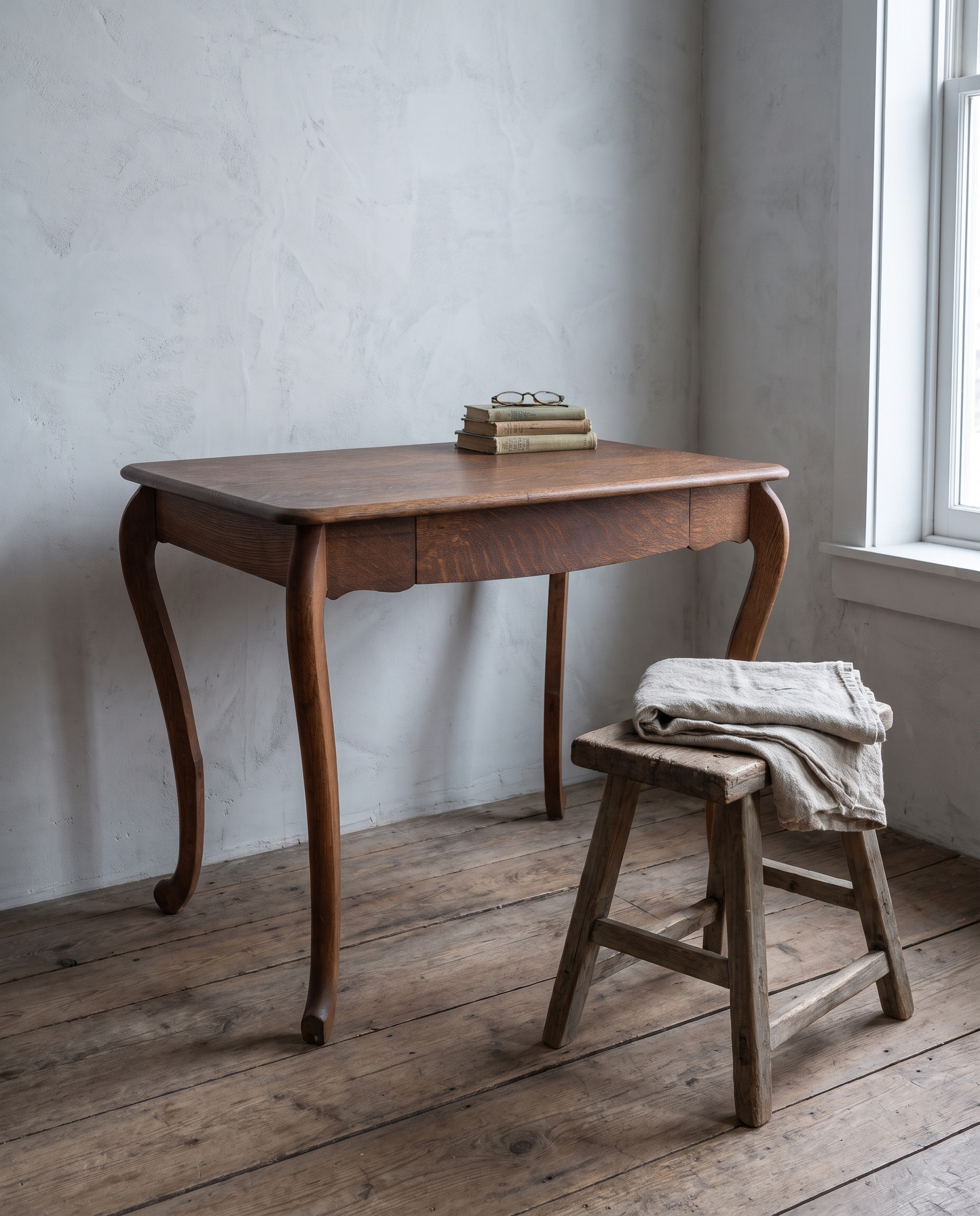 The oak desk in a cool grey plaster corner with old books, reading glasses and a wooden stool
