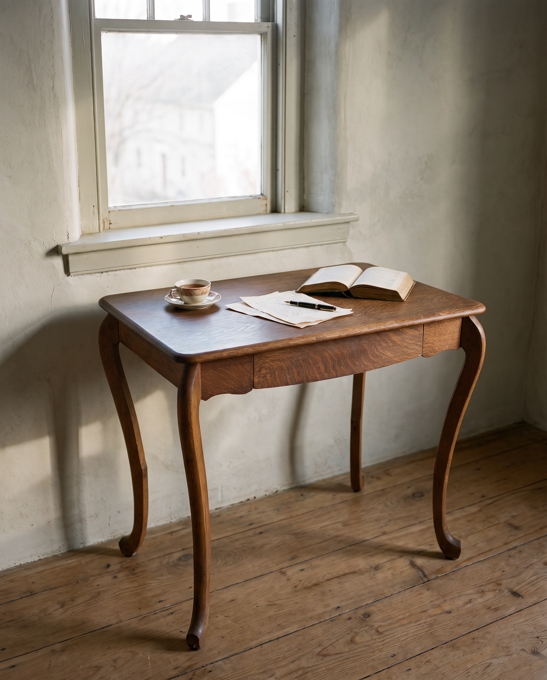 The oak desk under an old window in morning light with tea, letters and an open book