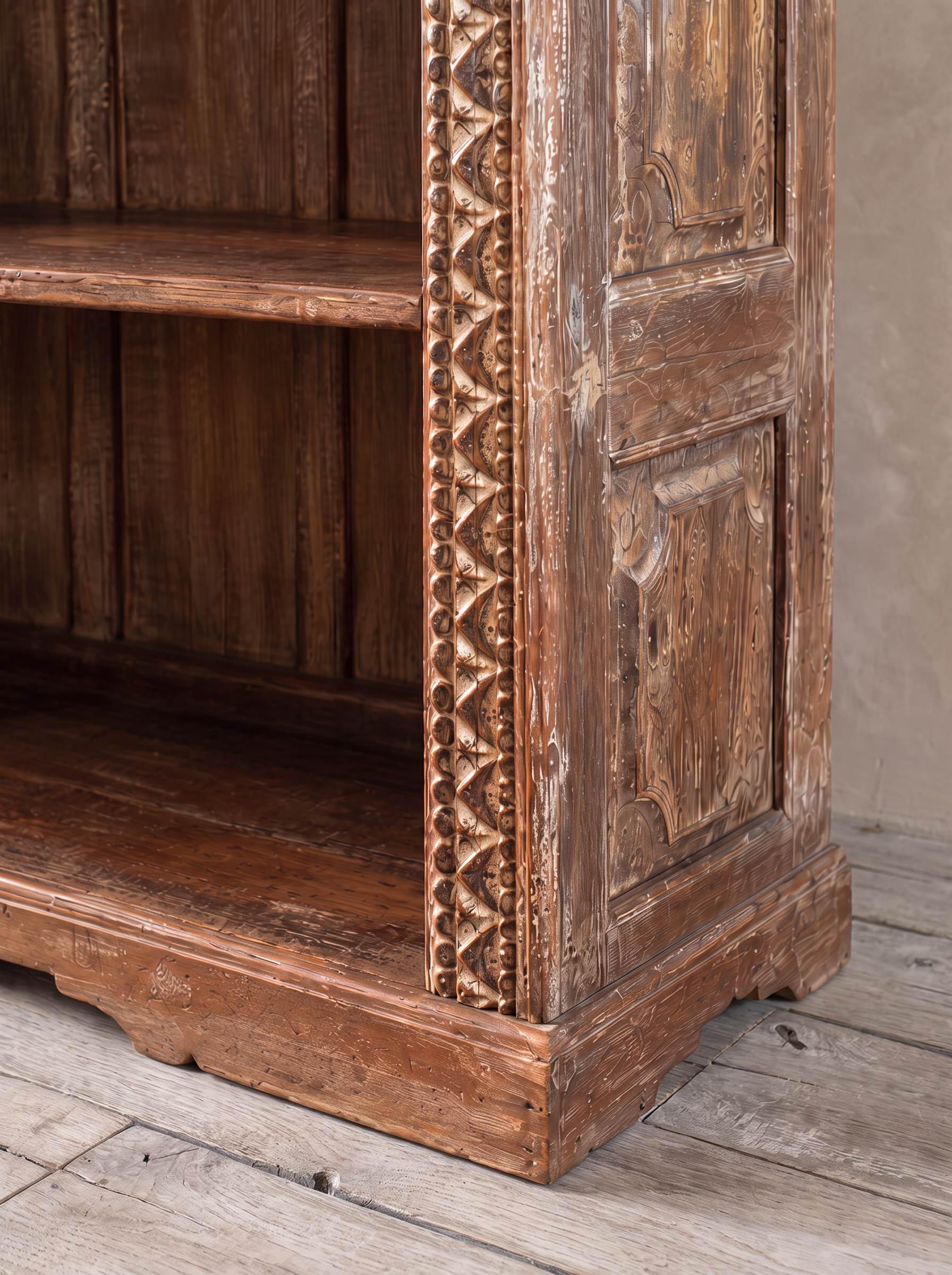 Close-up of the carved upright, side panel and scalloped plinth base.