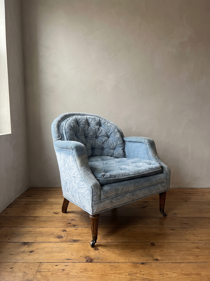 Powder blue crushed velvet tub chair with tufted back, three-quarter view in a plaster-walled room
