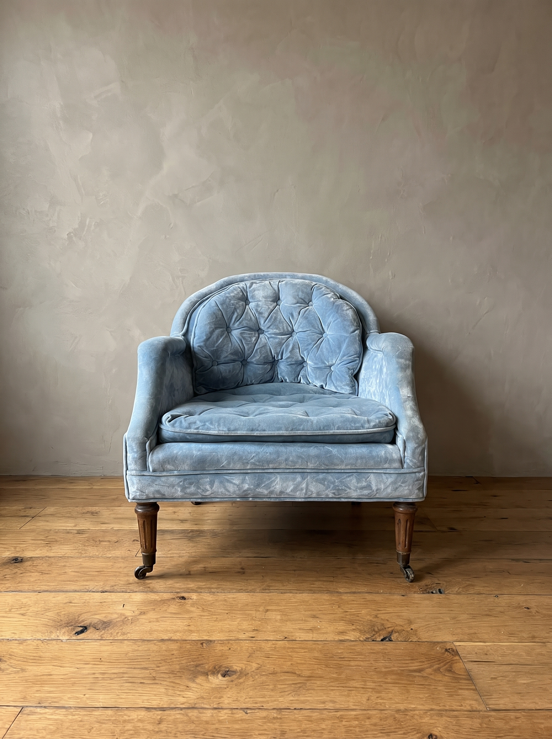 Powder blue velvet tub chair, front view