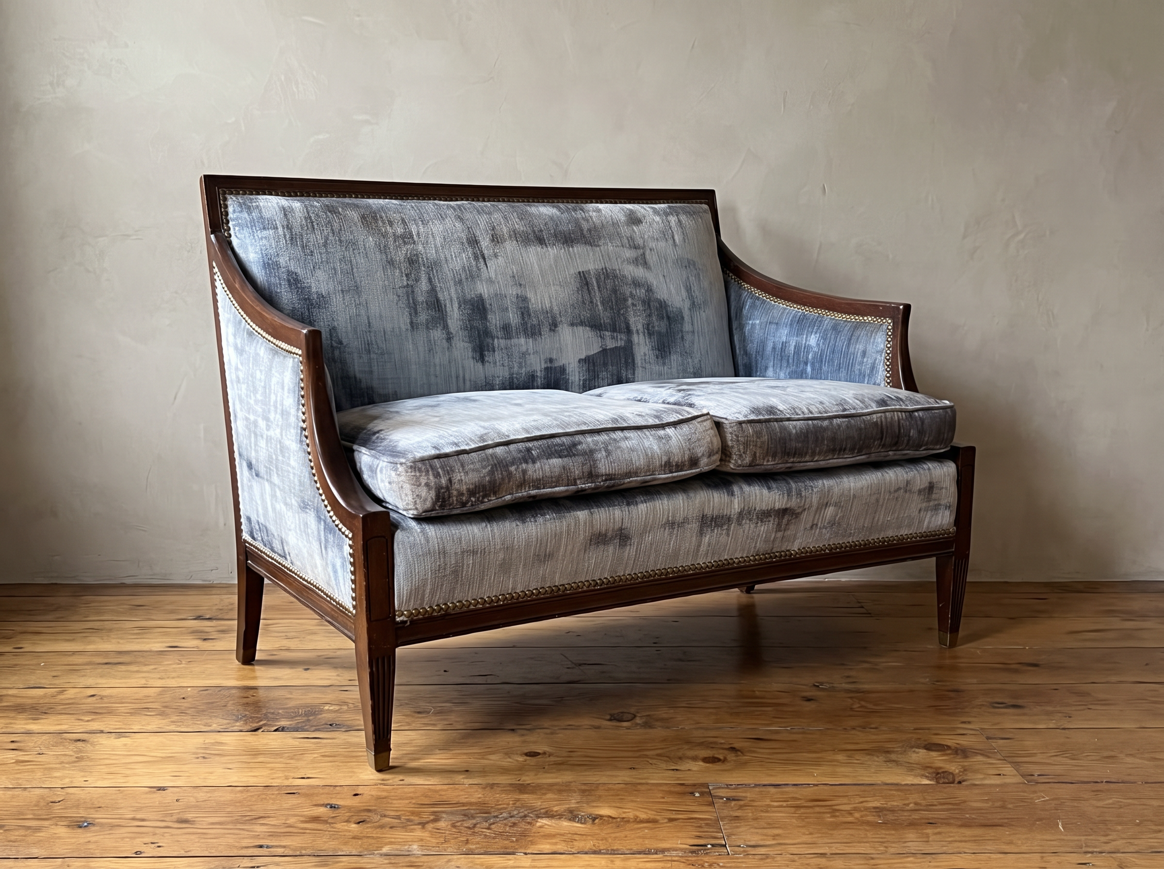 Ice blue velvet Directoire loveseat with mahogany frame, three-quarter view in a plaster-walled room