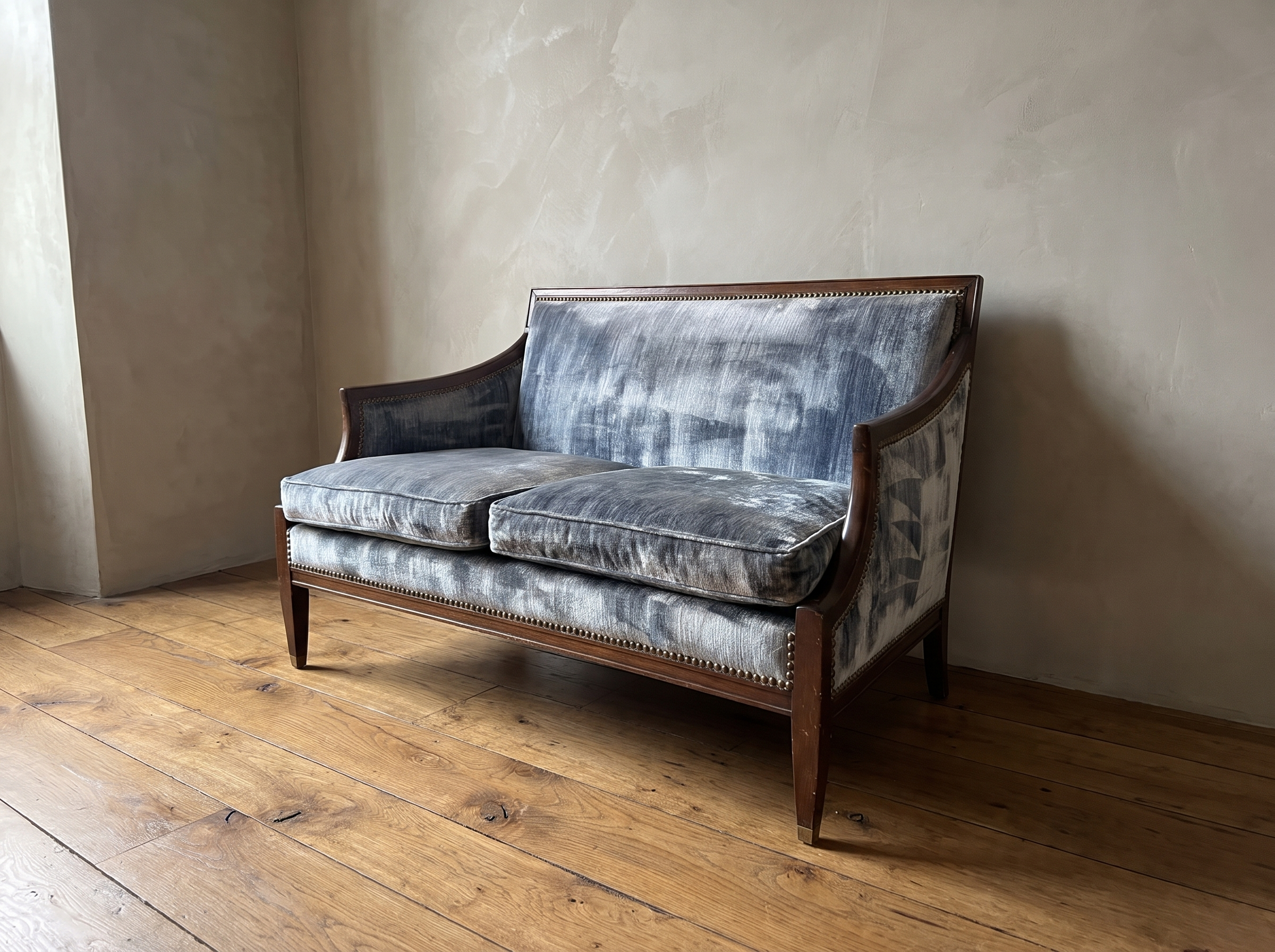 Ice blue velvet loveseat, angled view along the arm