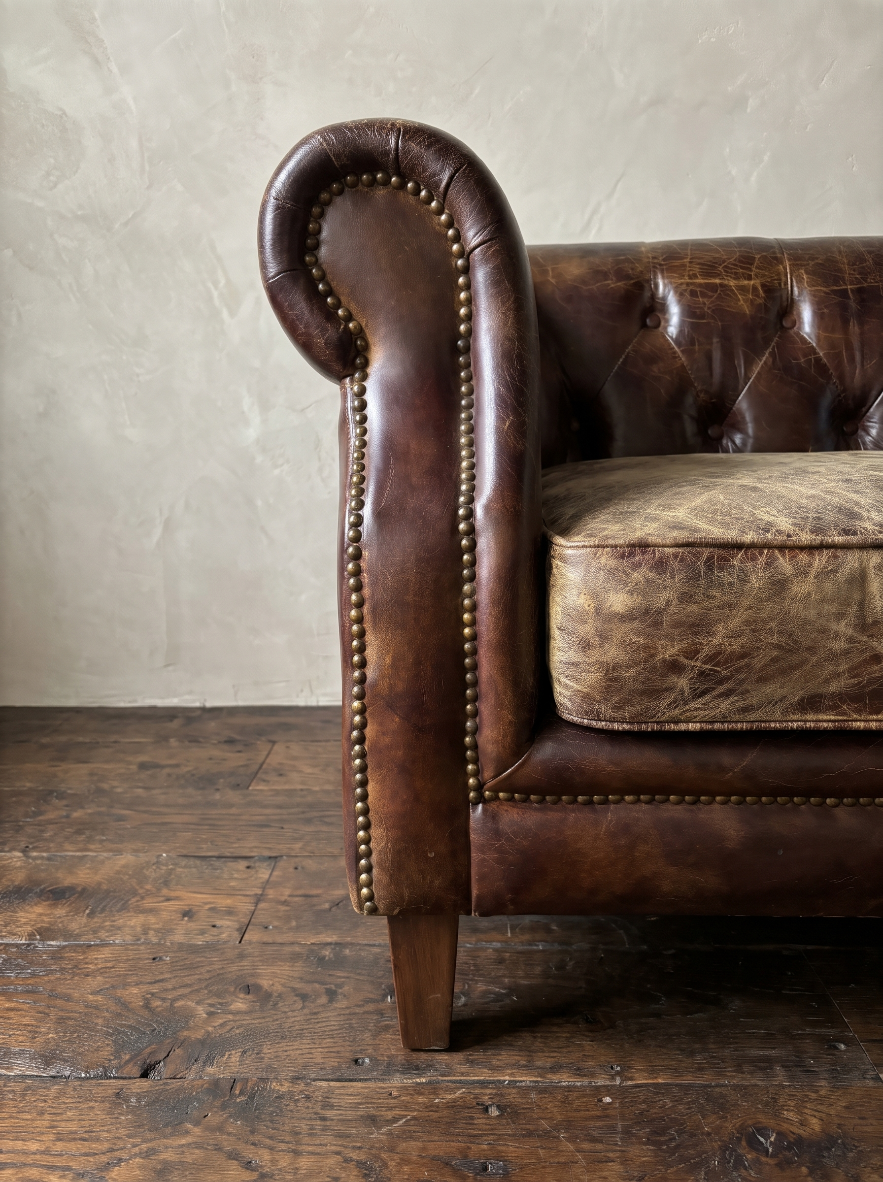 Close-up of the scroll arm, antique brass nailheads, crackled leather cushion and tapered leg