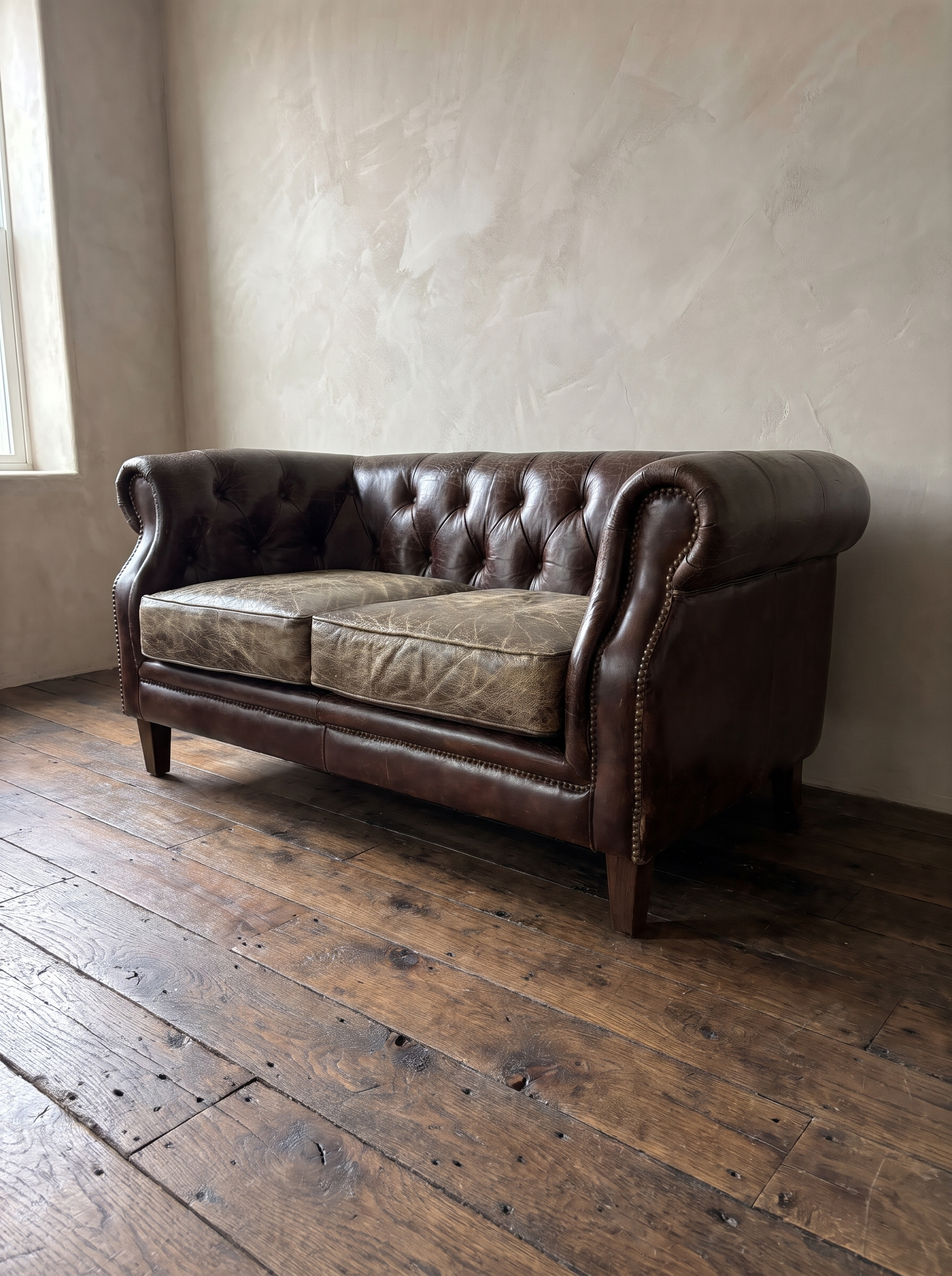 Three-quarter view of the tufted leather chesterfield loveseat with brass nailhead scroll arm